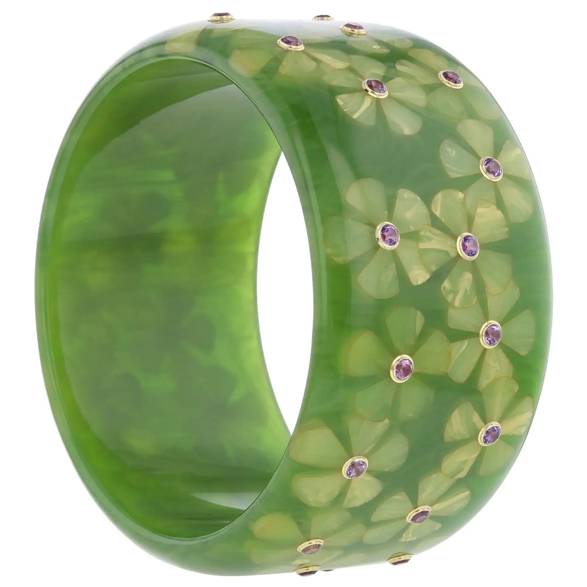 June Bangle | Pistachio green bakelite with inlay and stones.