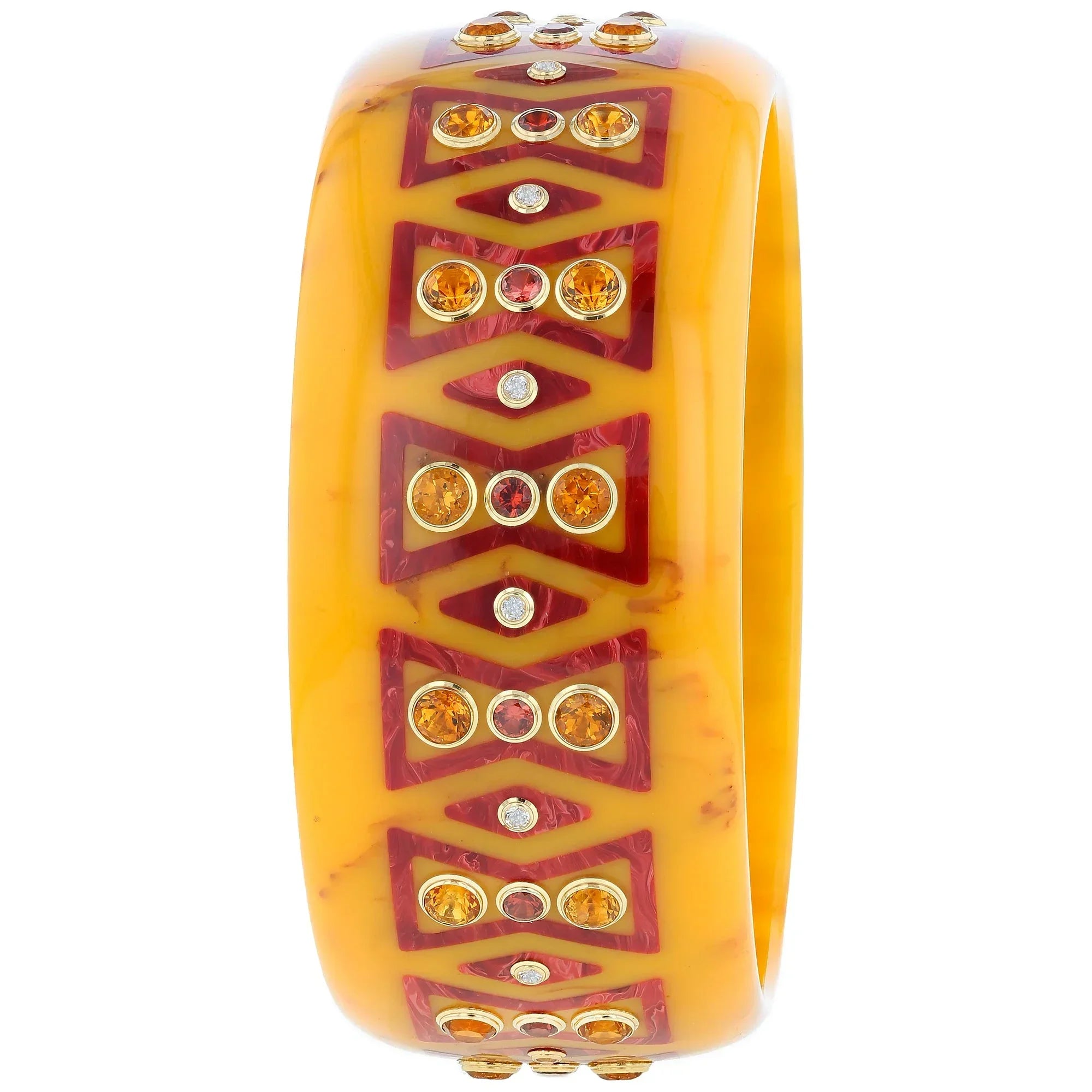 Kalina Bangle | Bakelite with bow pattern inlay and stones.
