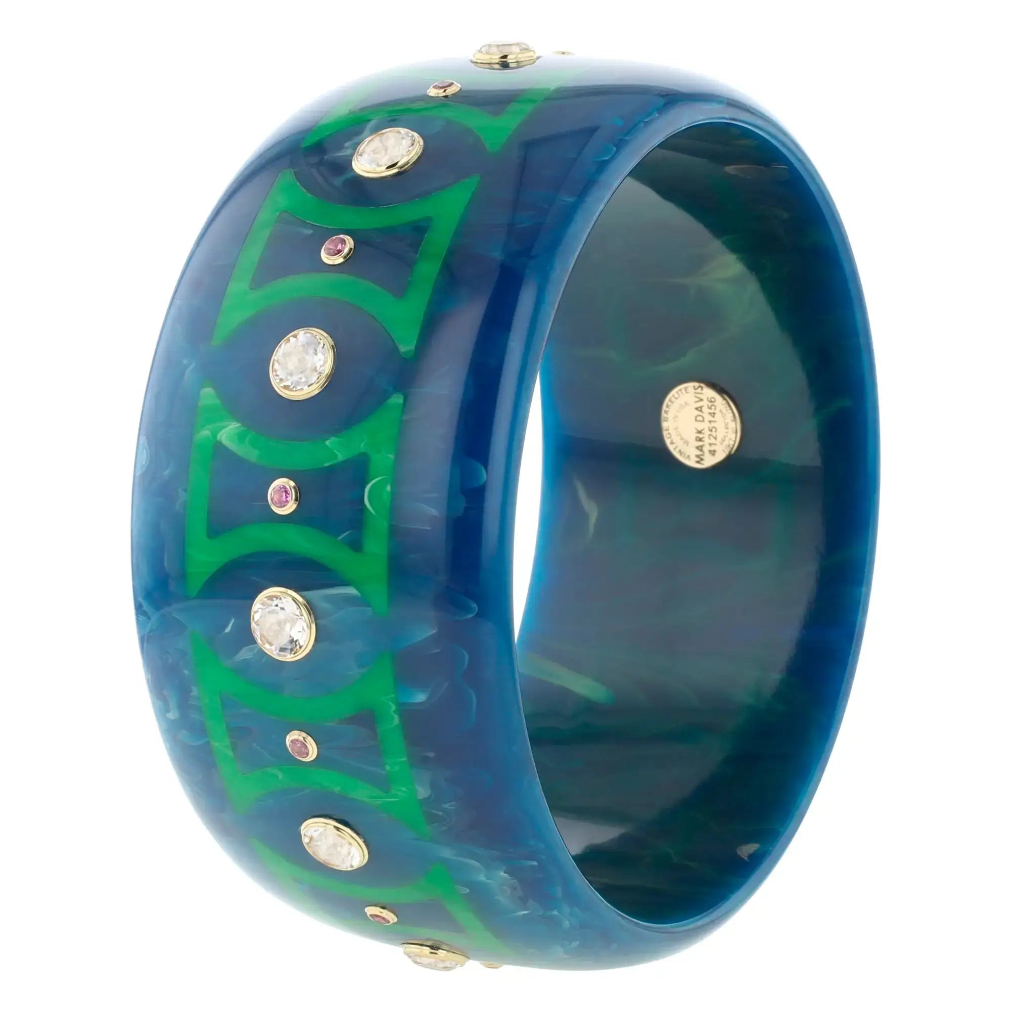Kara Bangle | Pacific blue bakelite with inlay and stones.