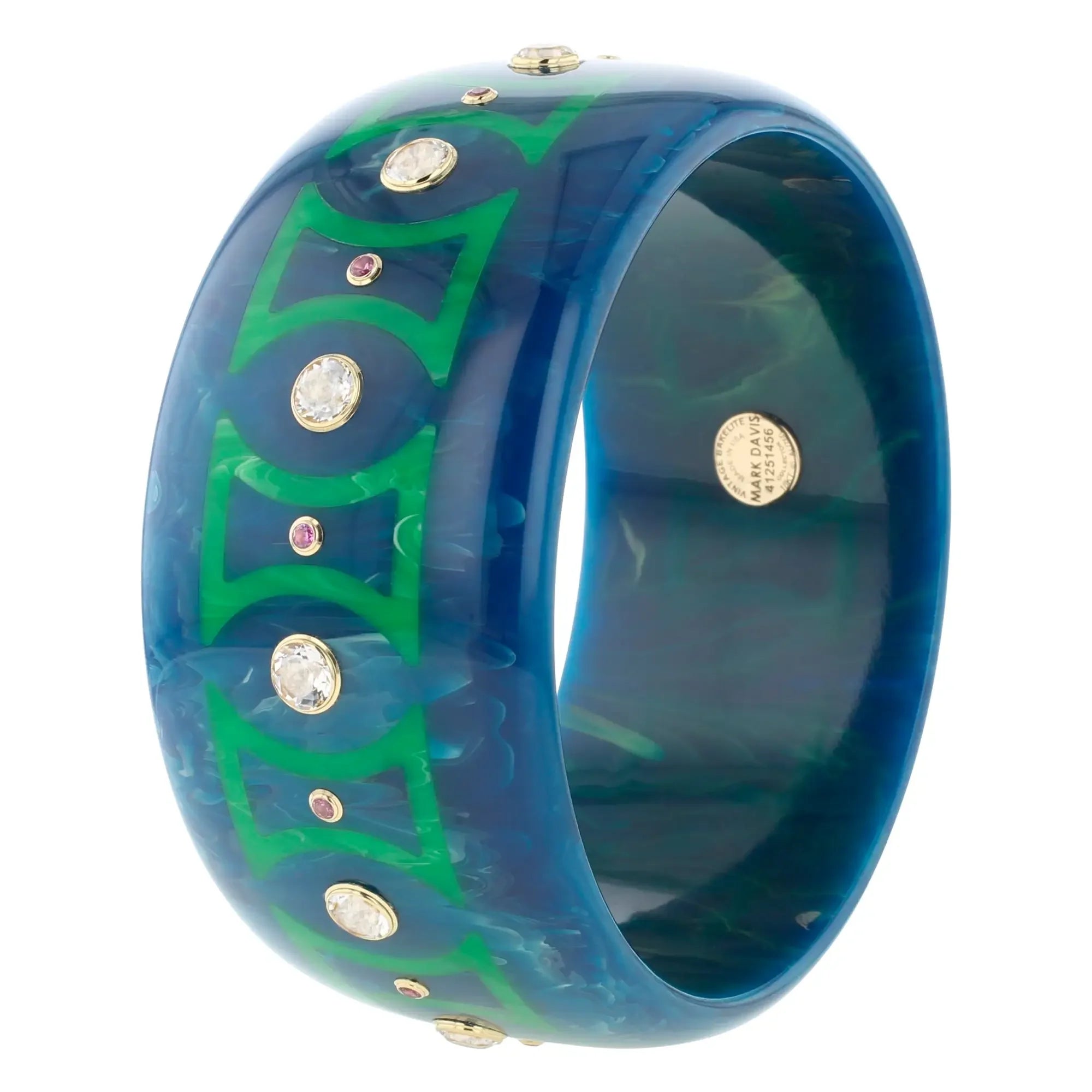 Kara Bangle | Pacific blue bakelite with inlay and stones.