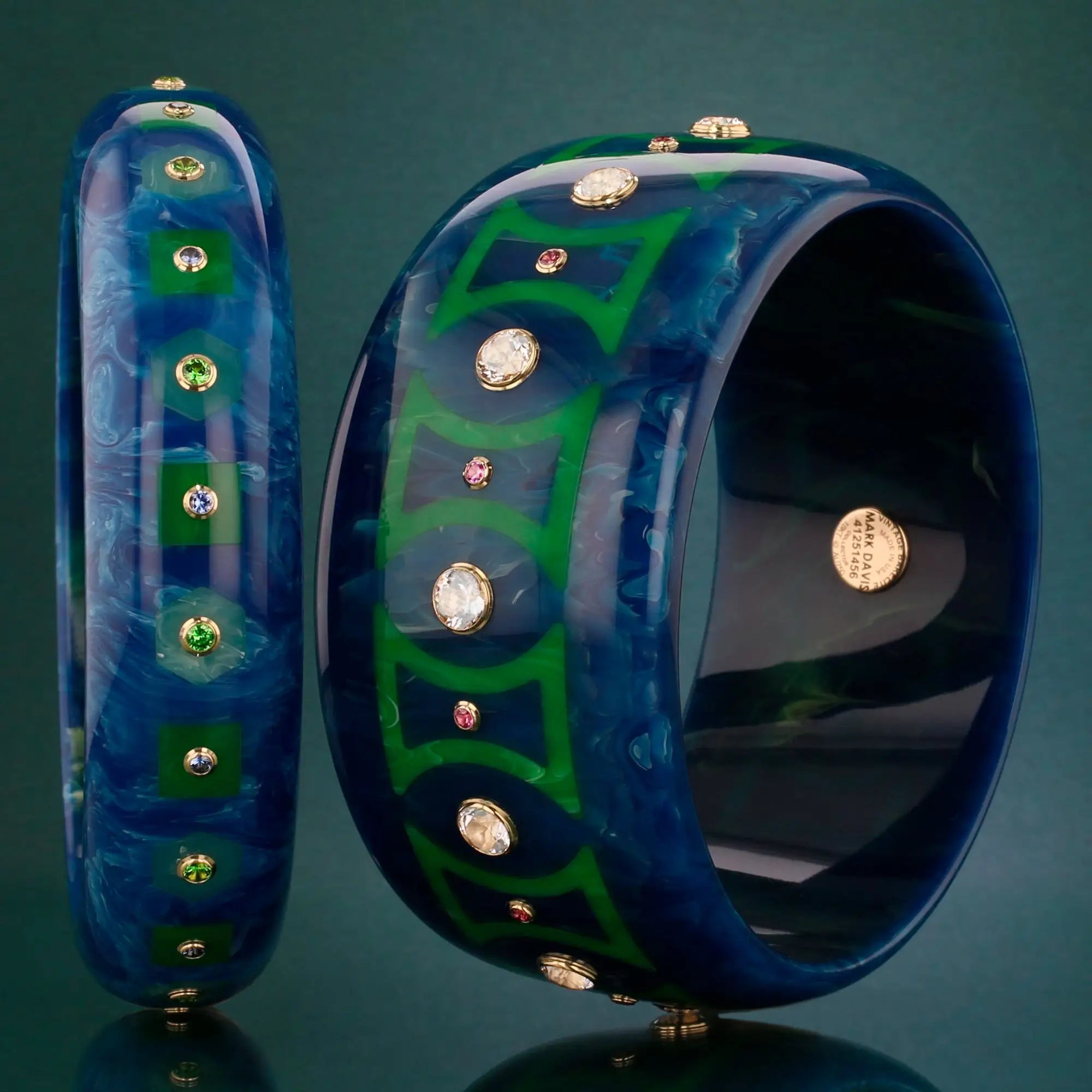 Kara Bangle | Pacific blue bakelite with inlay and stones.