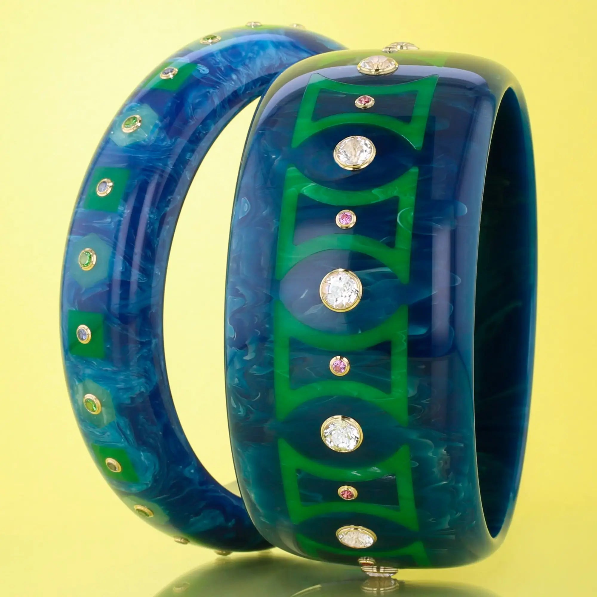 Kara Bangle | Pacific blue bakelite with inlay and stones.