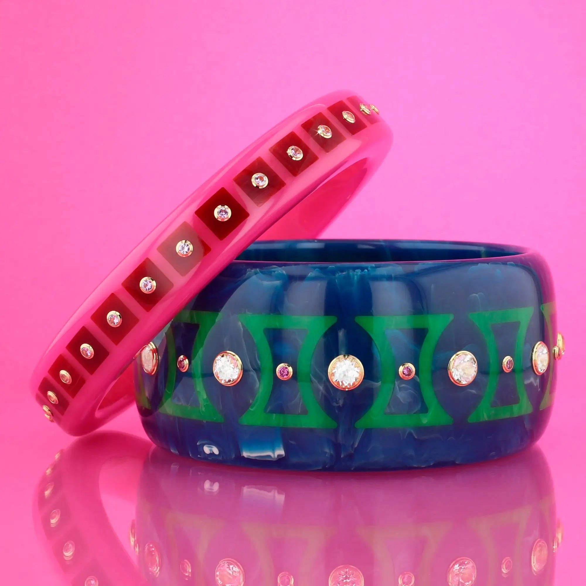 Kara Bangle | Pacific blue bakelite with inlay and stones.