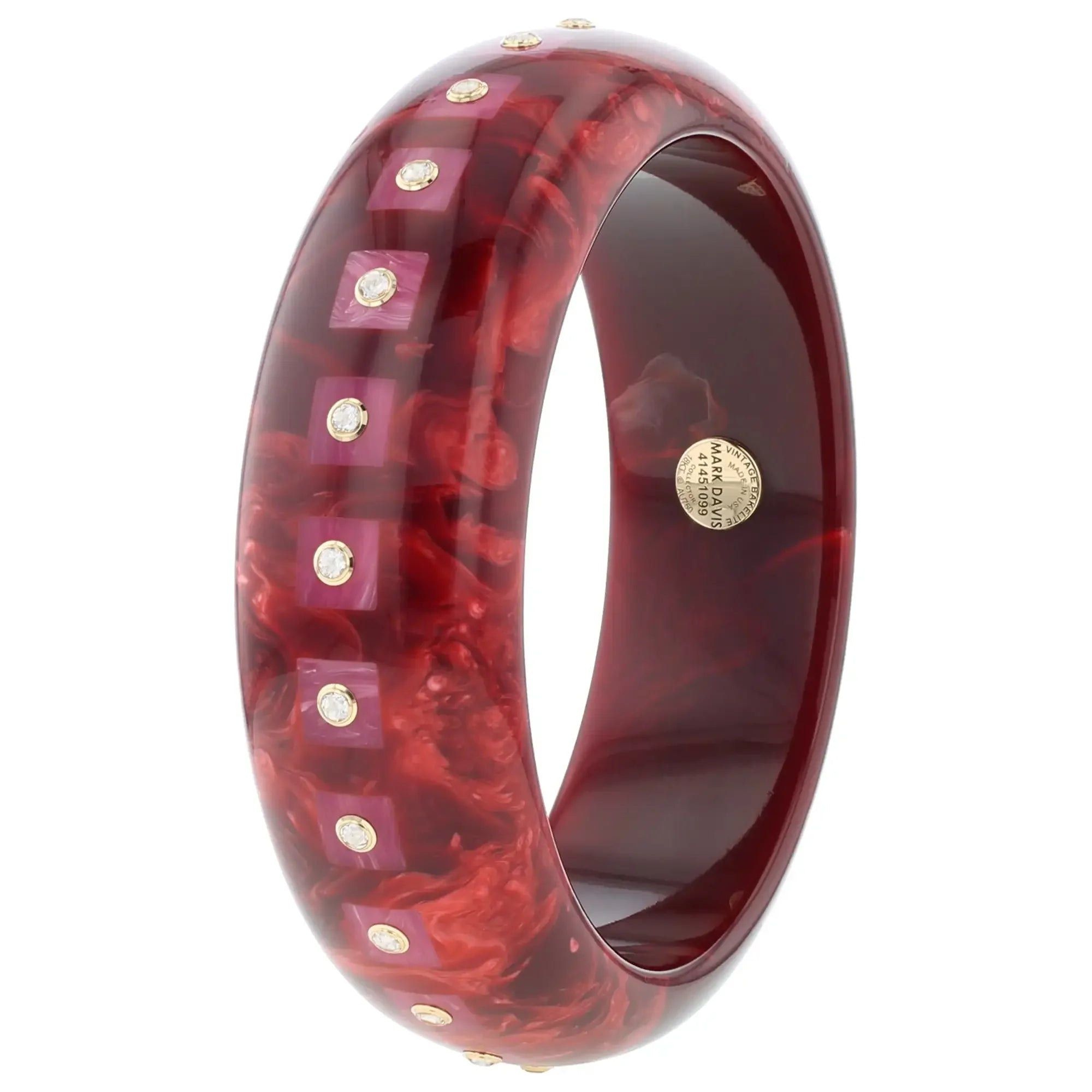 Katherine Bangle | Bakelite with pink squares inlay and stones.