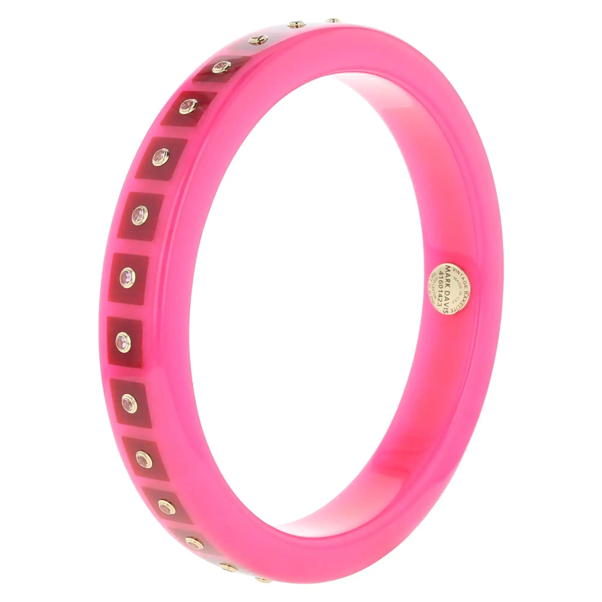 Katherine Bangle | Carnation pink bakelite with inlay and stones.