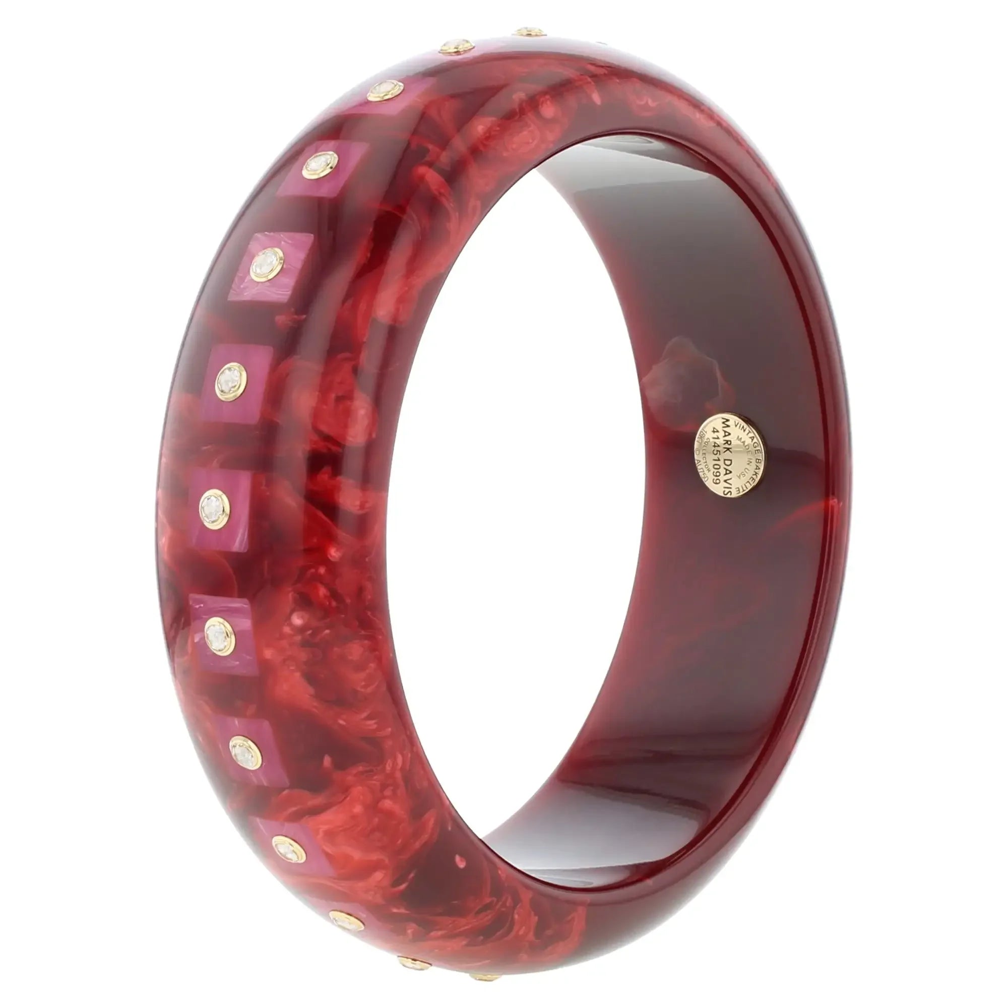 Katherine Bangle | Bakelite with pink squares inlay and stones.