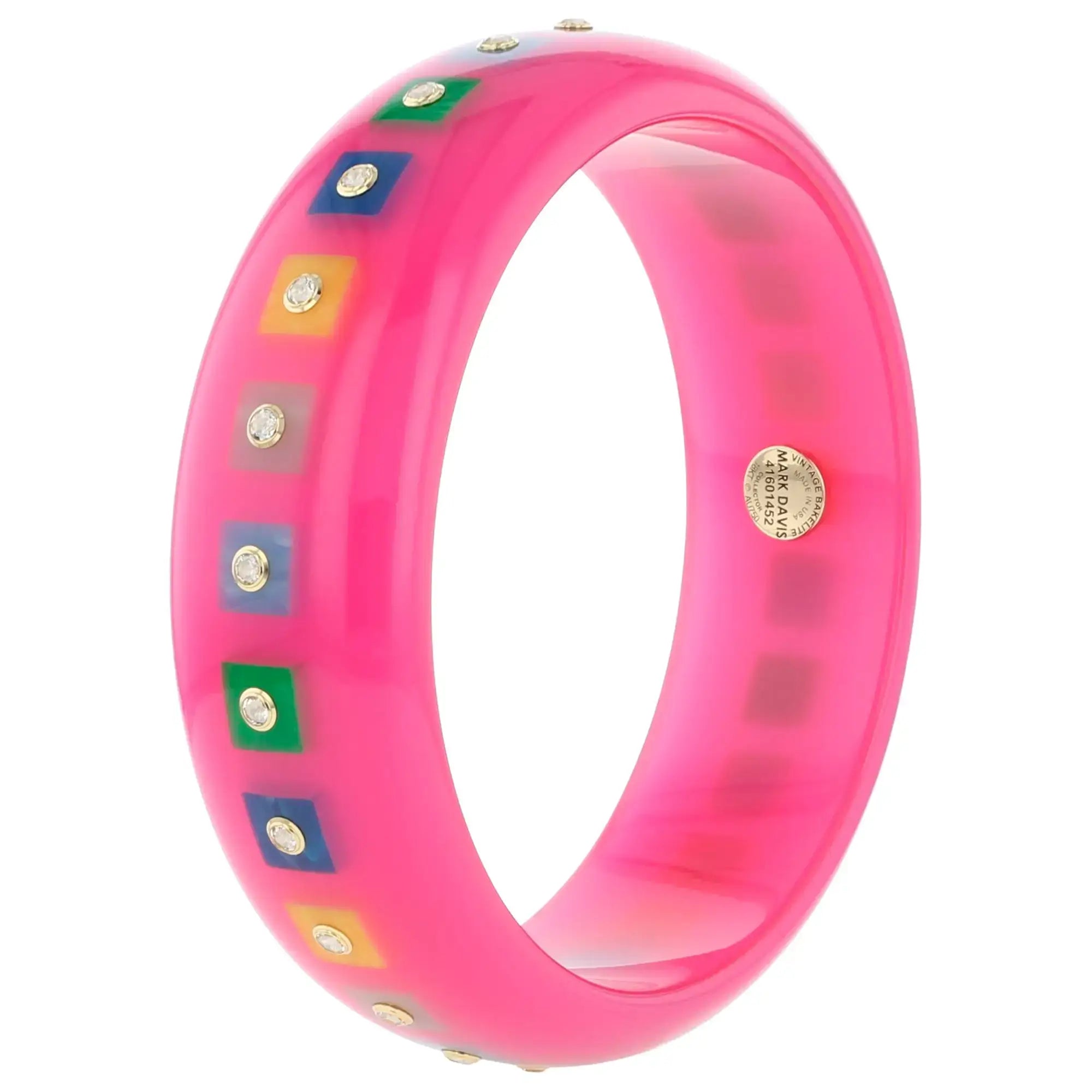Katherine Bangle | Punch pink bakelite with inlay and stones.
