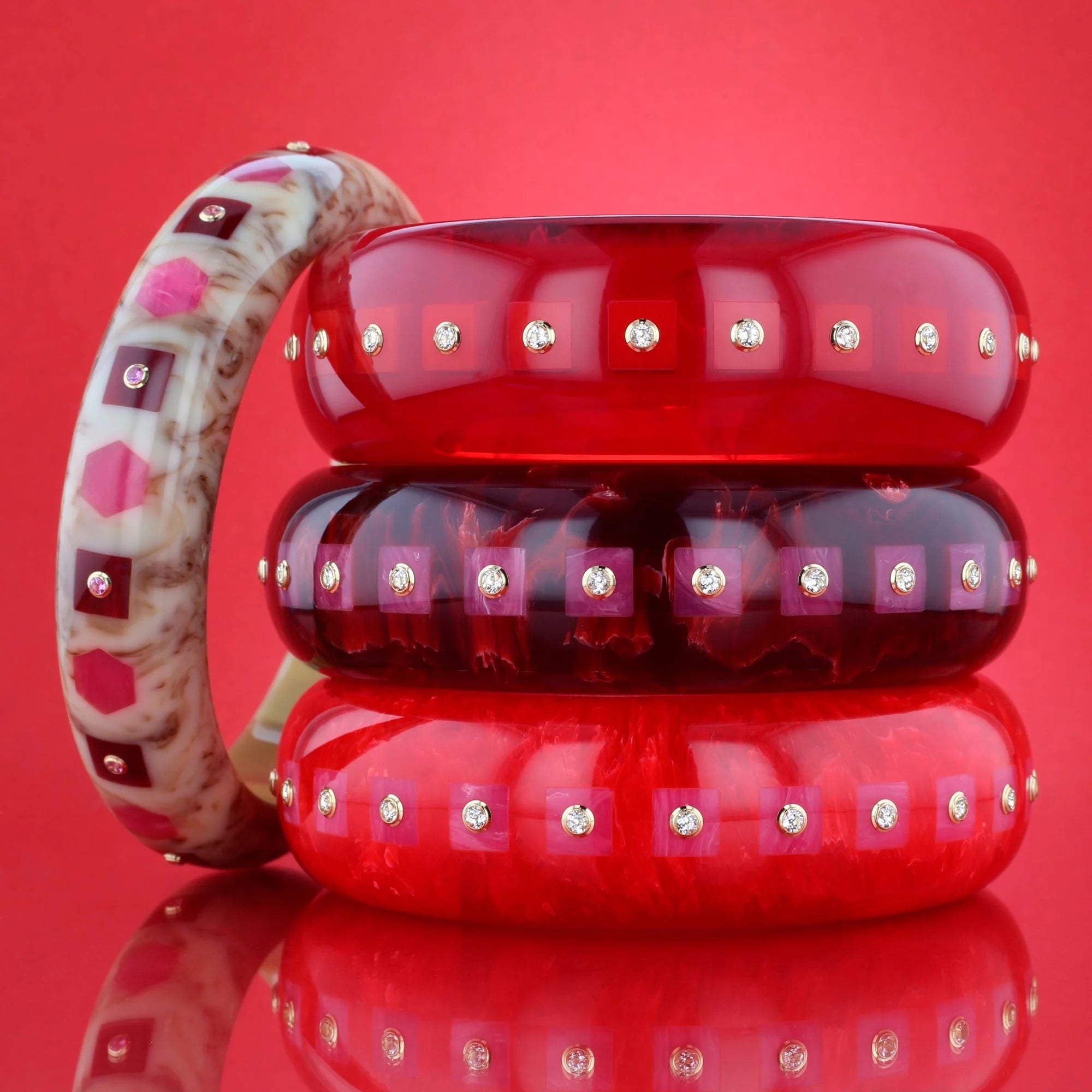 Katherine Bangle | Rich burgundy bakelite with inlay and stones.