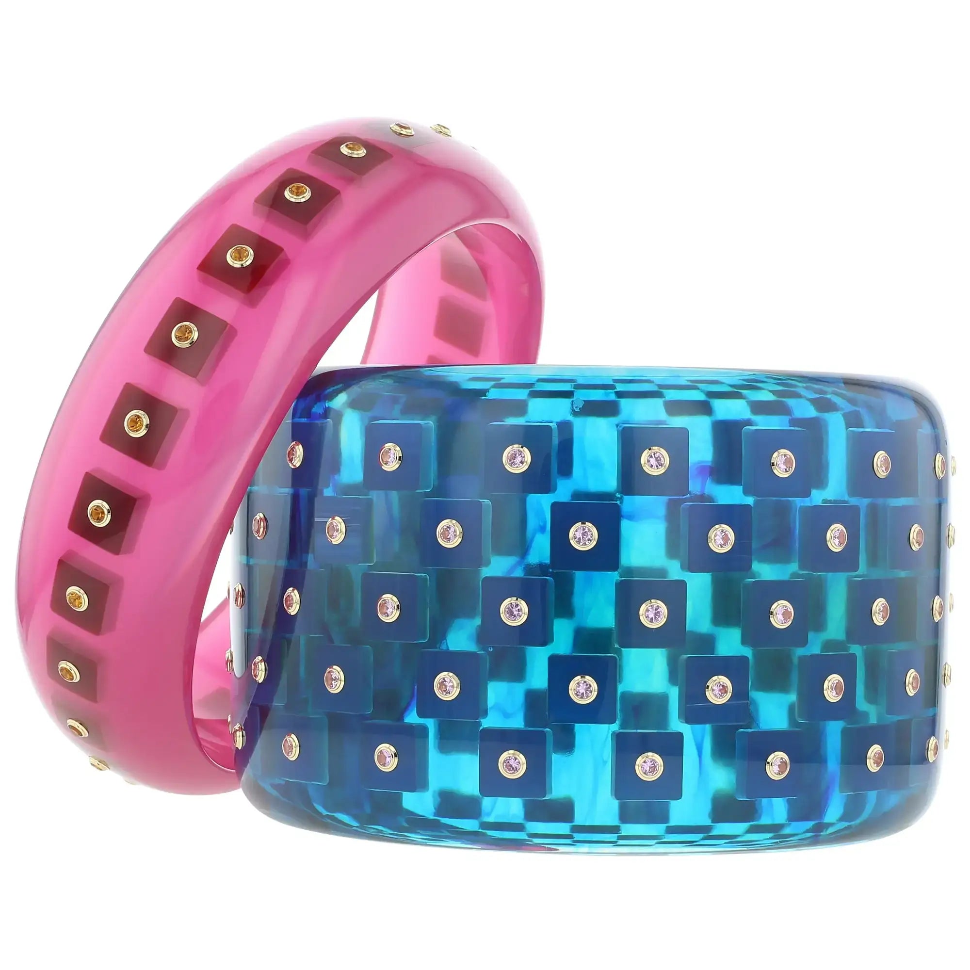 Katherine Bangle | Rose pink bakelite with inlay and stones.