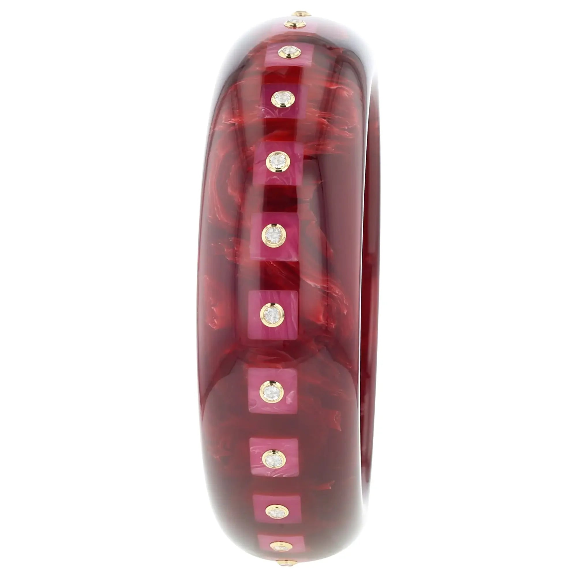 Katherine Bangle | Rich burgundy bakelite with inlay and stones.