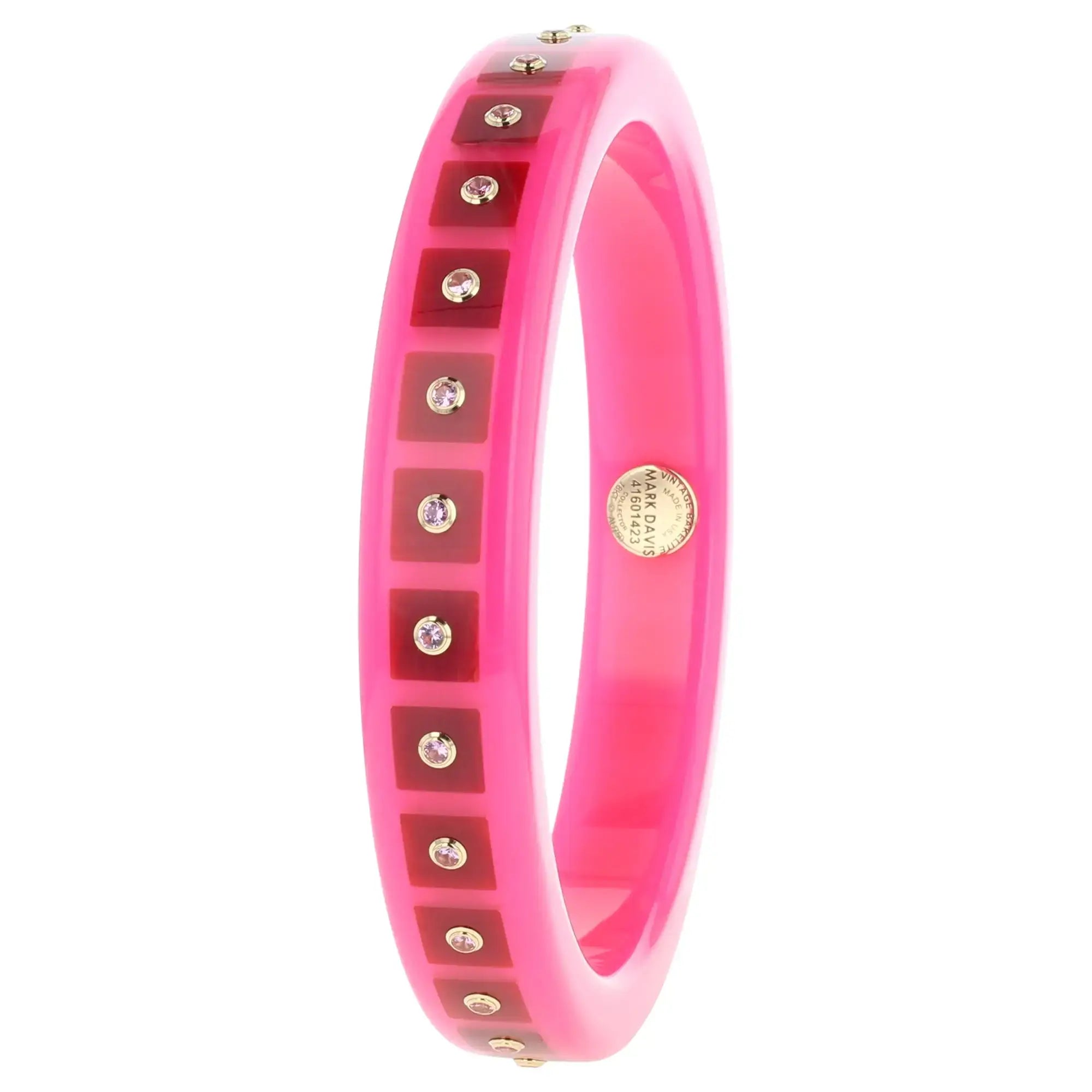 Katherine Bangle | Carnation pink bakelite with inlay and stones.