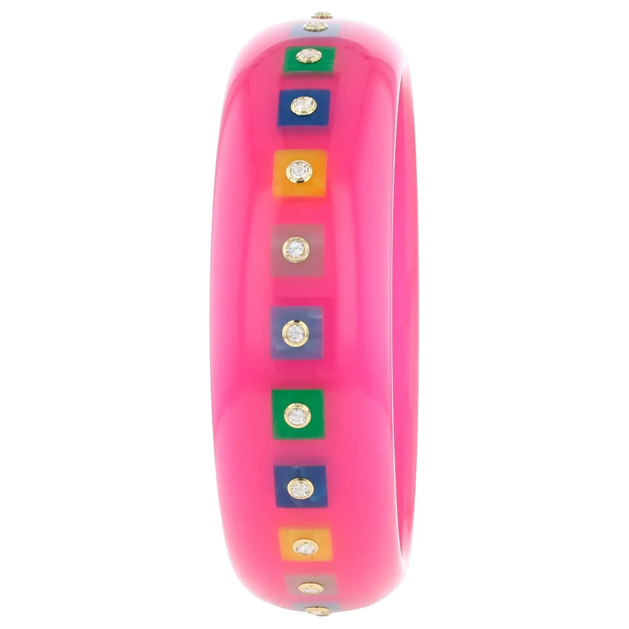 Katherine Bangle | Punch pink bakelite with inlay and stones.