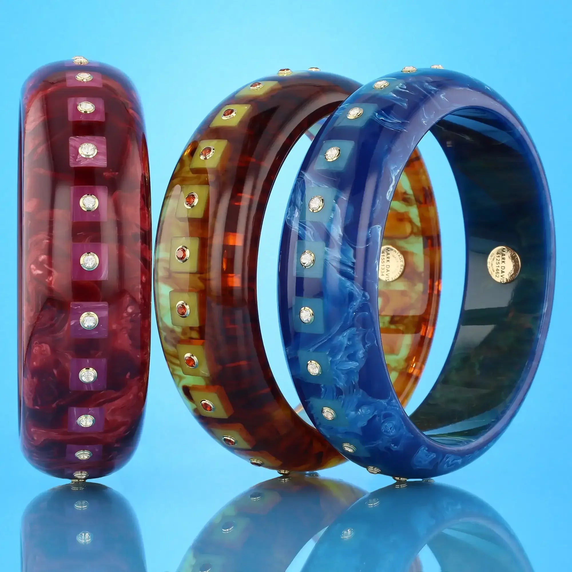 Katherine Bangle | Bakelite with pink squares inlay and stones.