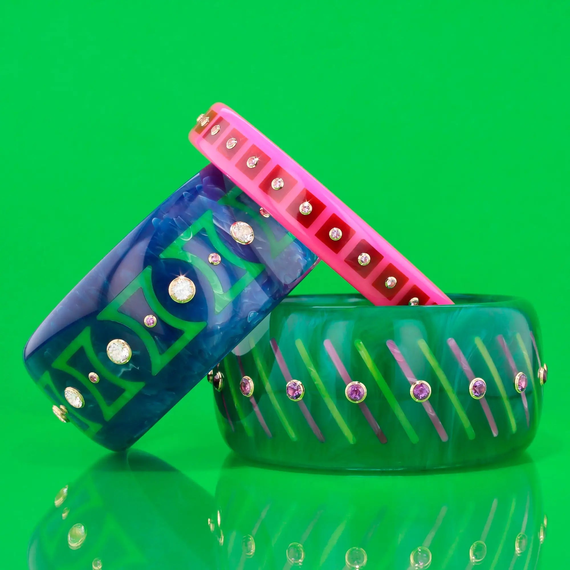 Katherine Bangle | Carnation pink bakelite with inlay and stones.