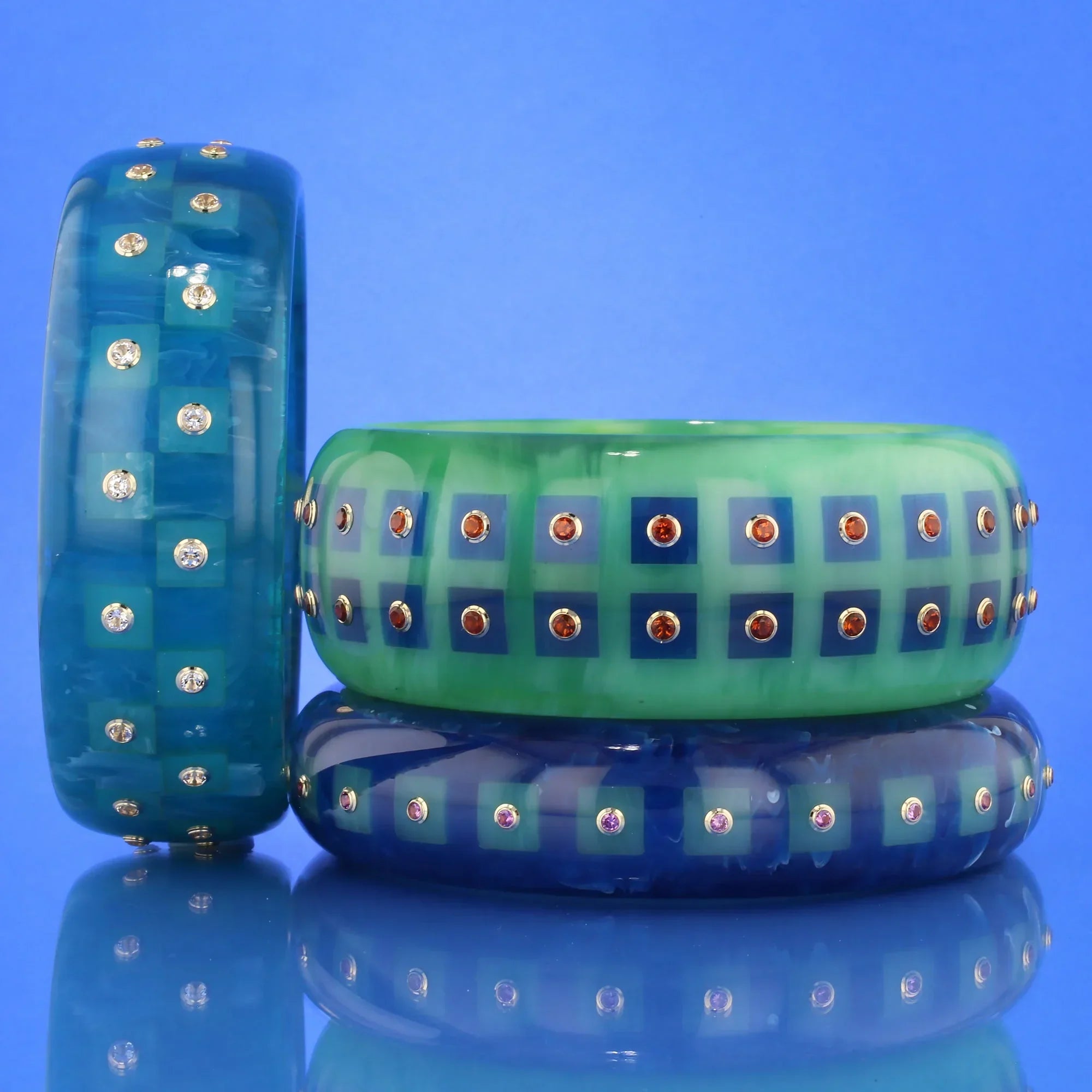 Katherine Bangle | Seafoam green bakelite with inlay and stones.