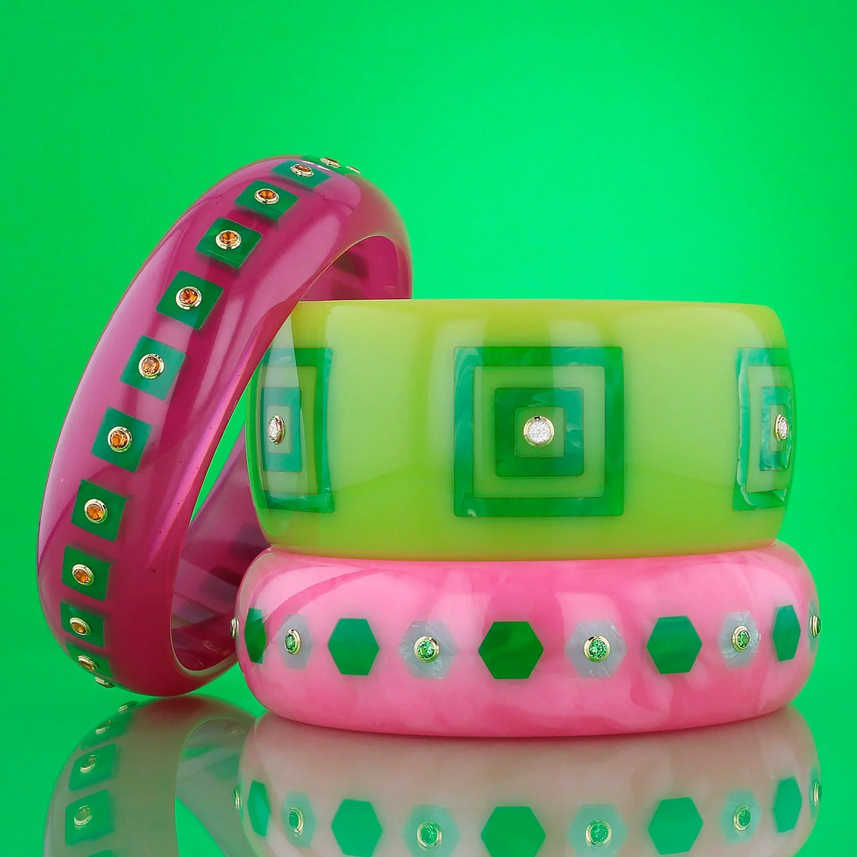 Katherine Bangle | Orchid pink bakelite with inlay and stones.