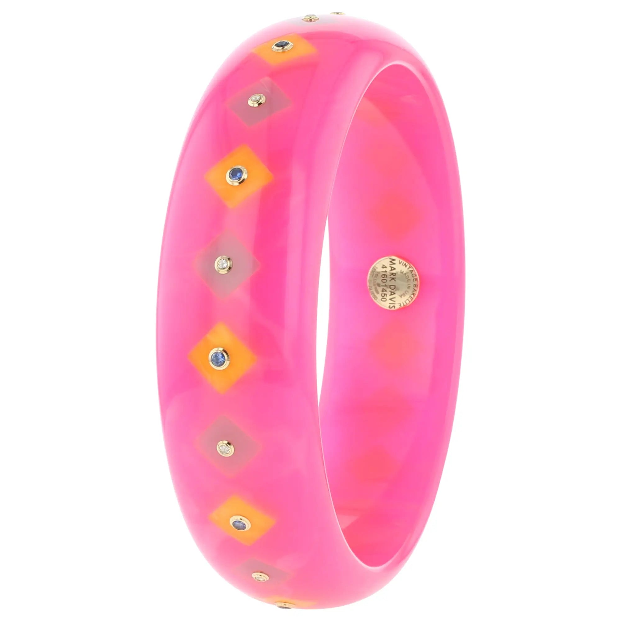 Lia Bangle | Bright pink bakelite with inlay and stones.