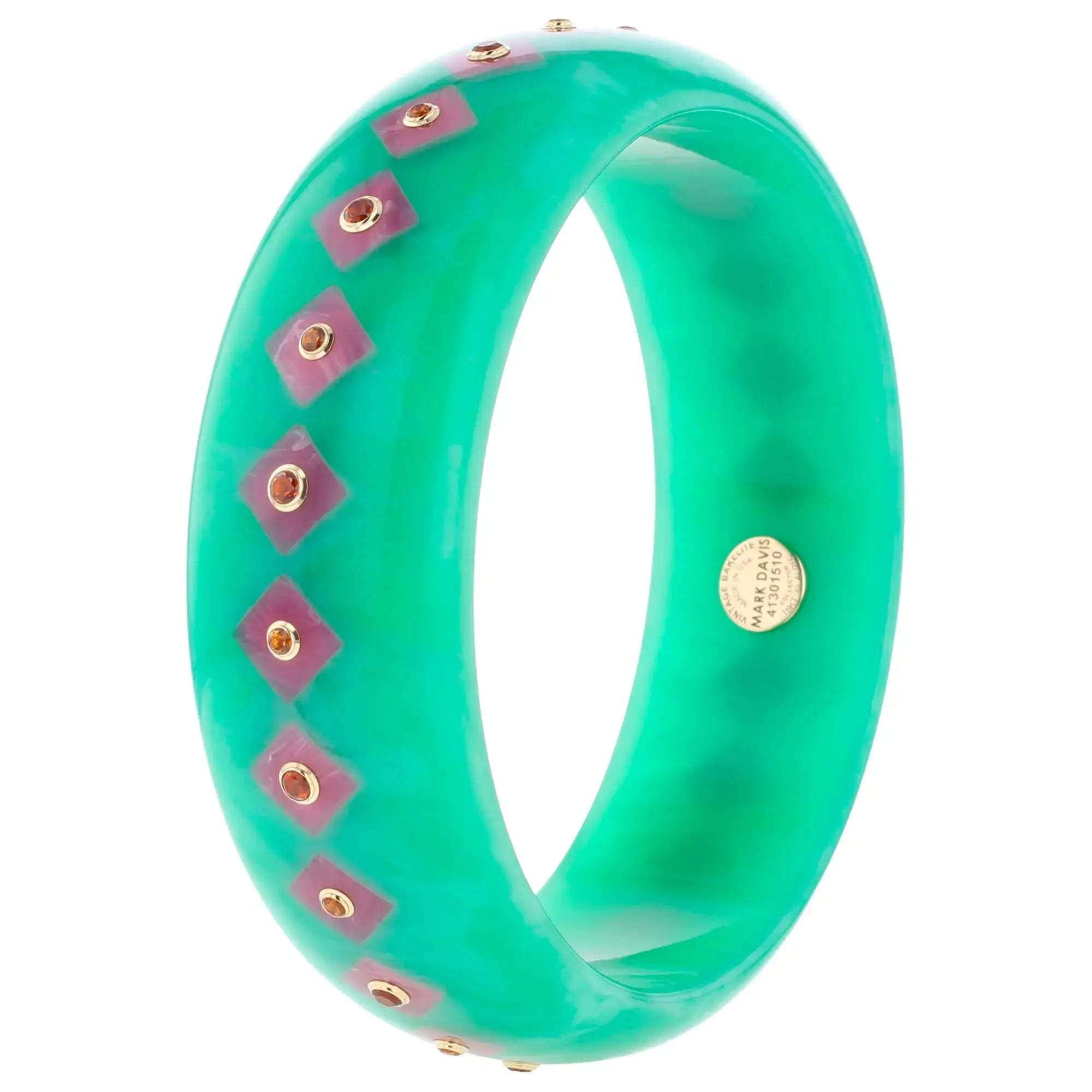 Lia Bangle | Bluish green bakelite with inlay and stones.
