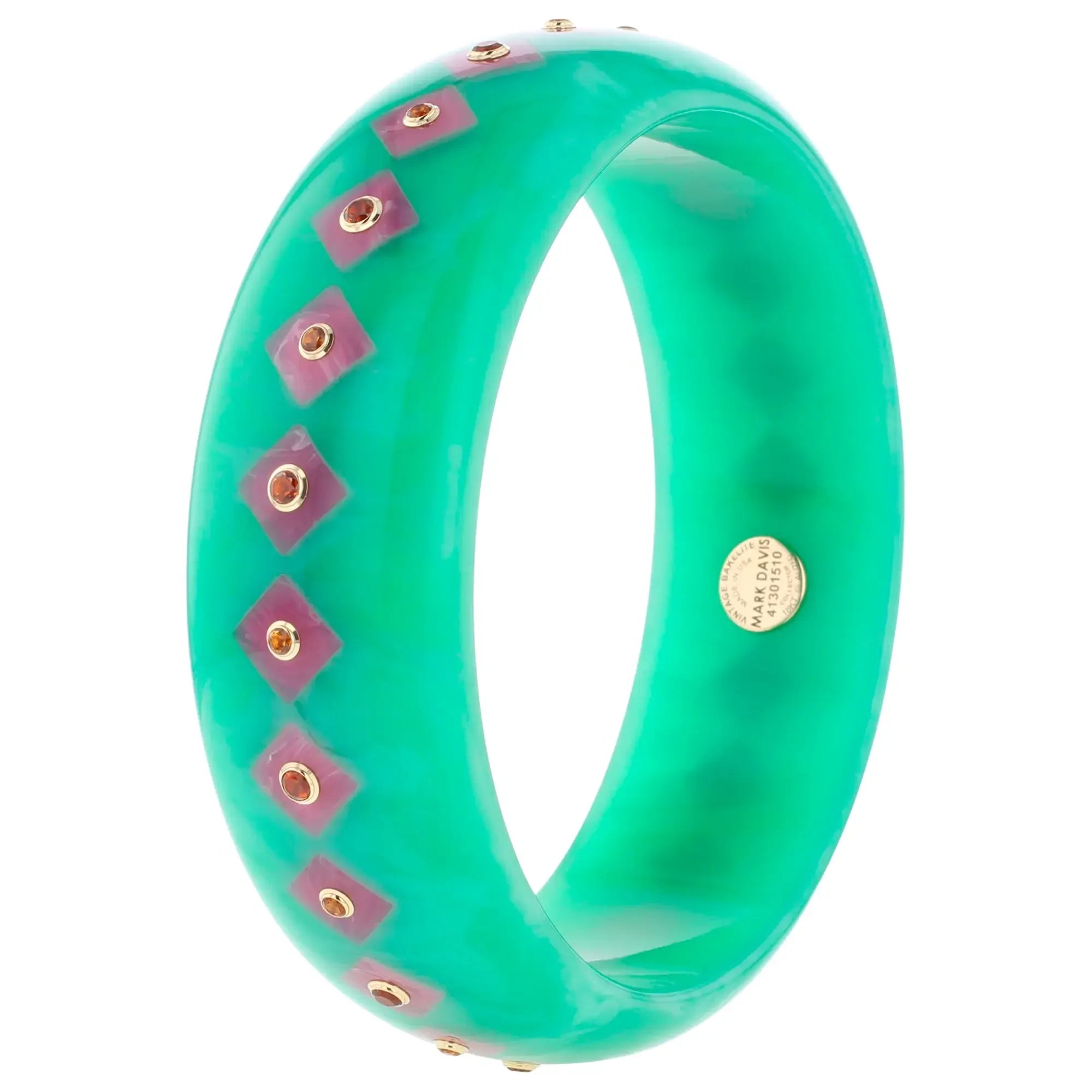 Lia Bangle | Bluish green bakelite with inlay and stones.
