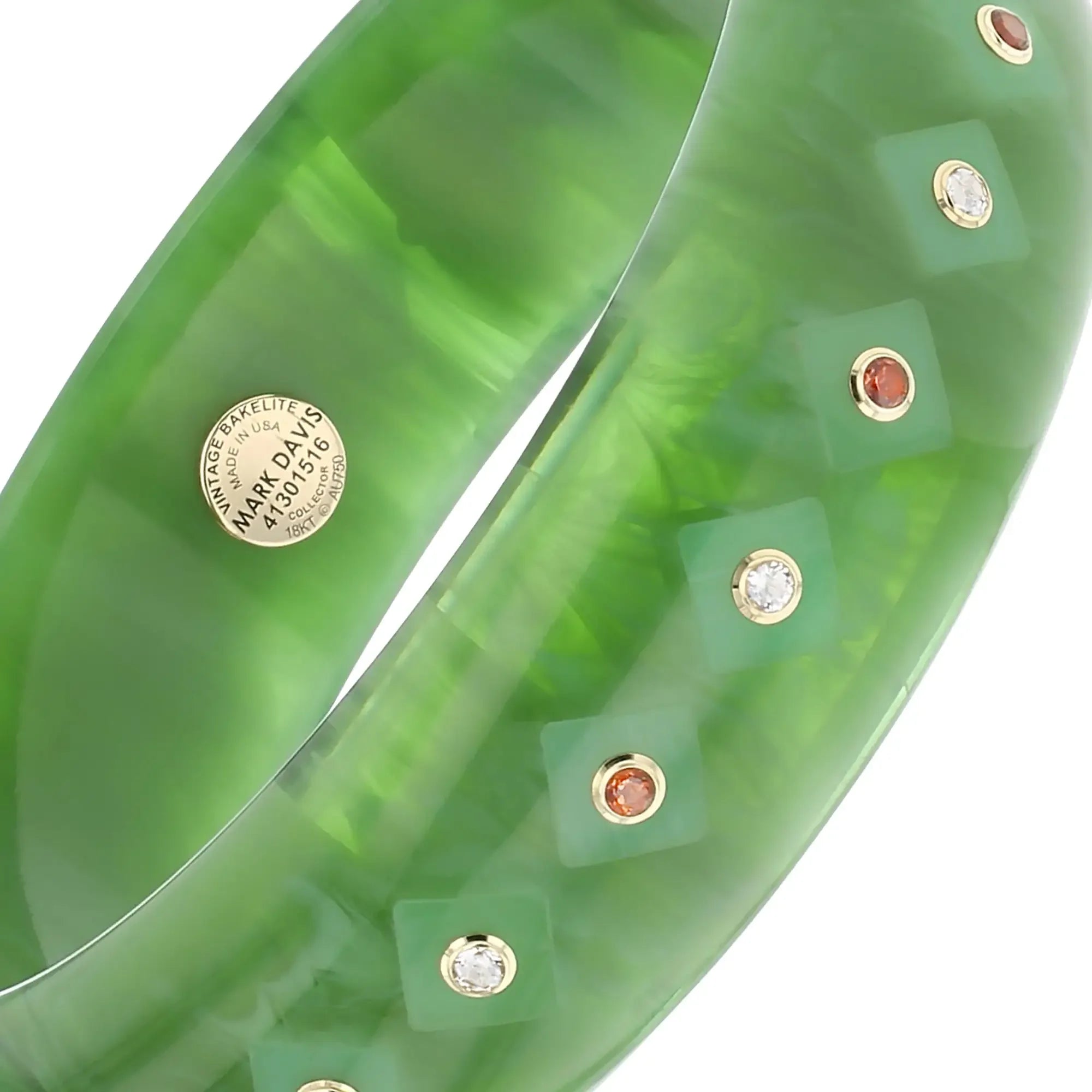 Lia Bangle | Sage green bakelite with inlay and stones.