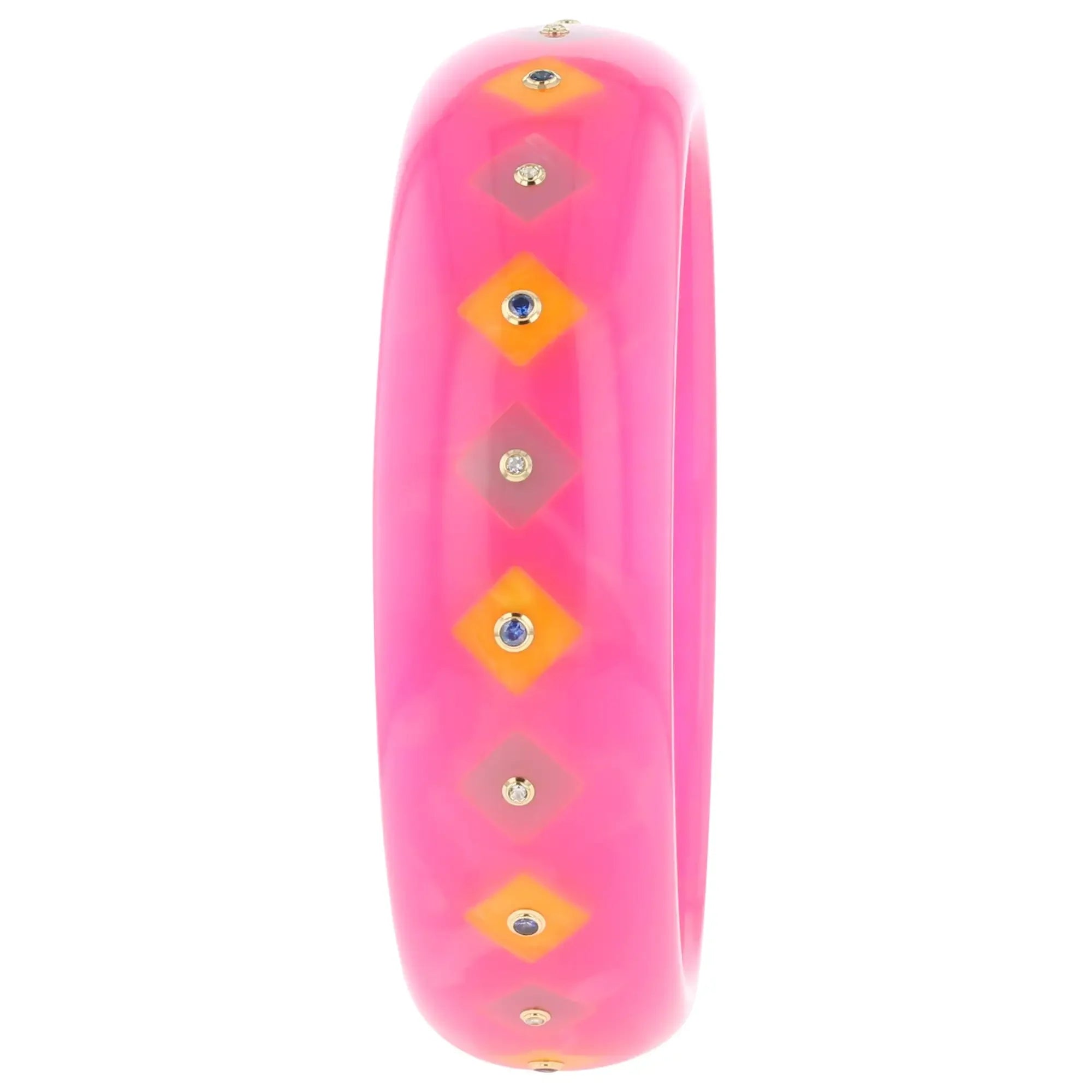 Lia Bangle | Bright pink bakelite with inlay and stones.