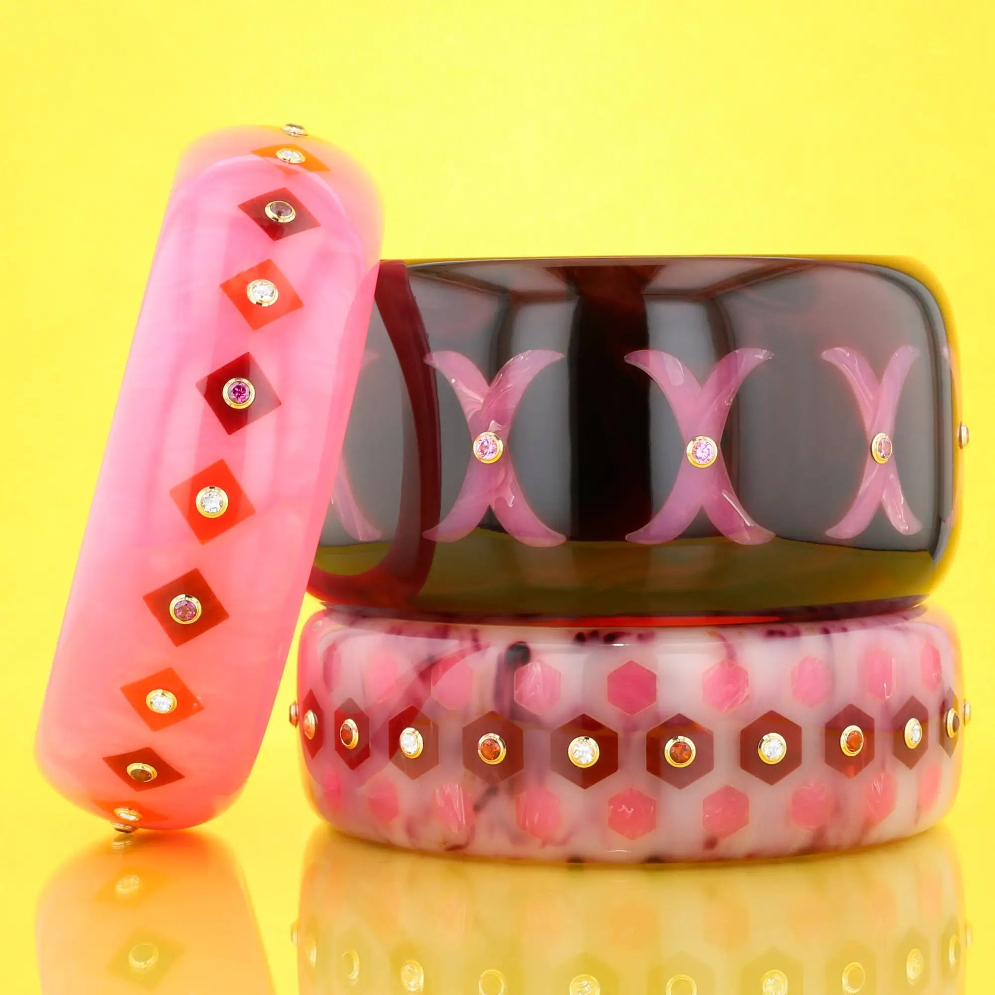 Lia Bangle | Ballerina pink bakelite with inlay and stones.