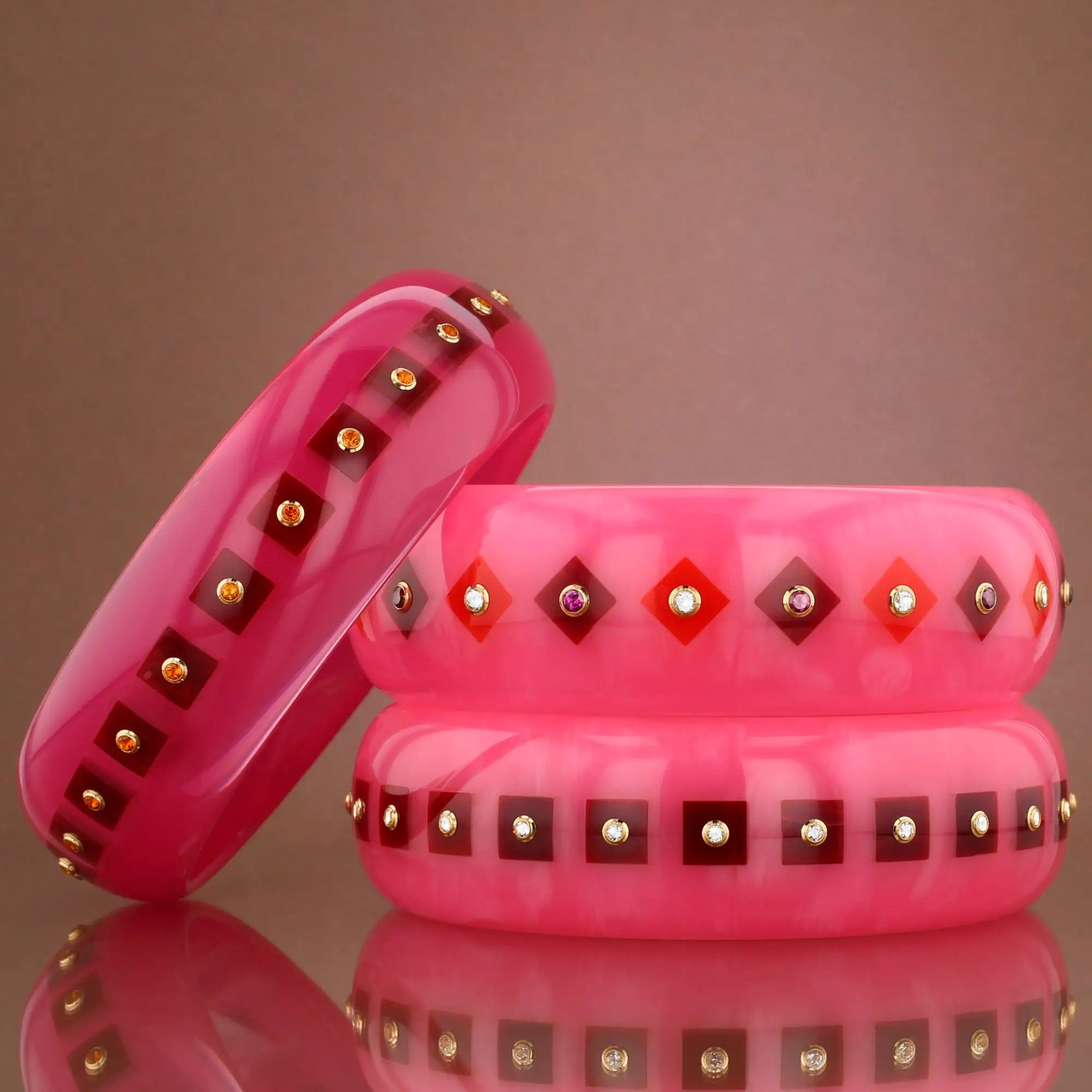 Lia Bangle | Ballerina pink bakelite with inlay and stones.