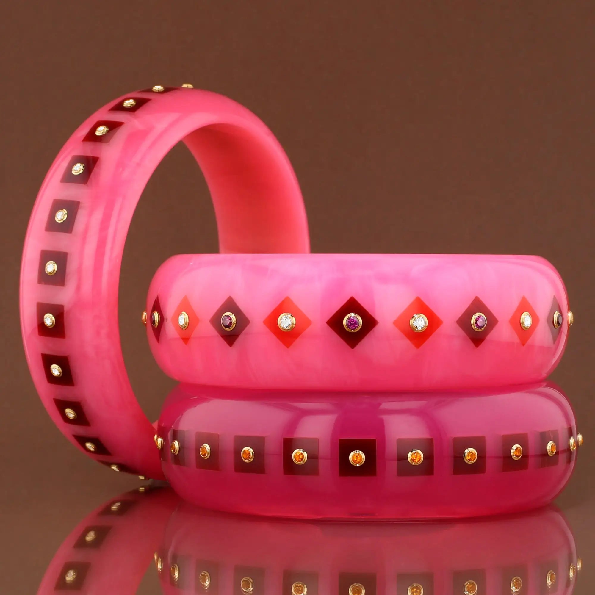 Lia Bangle | Ballerina pink bakelite with inlay and stones.