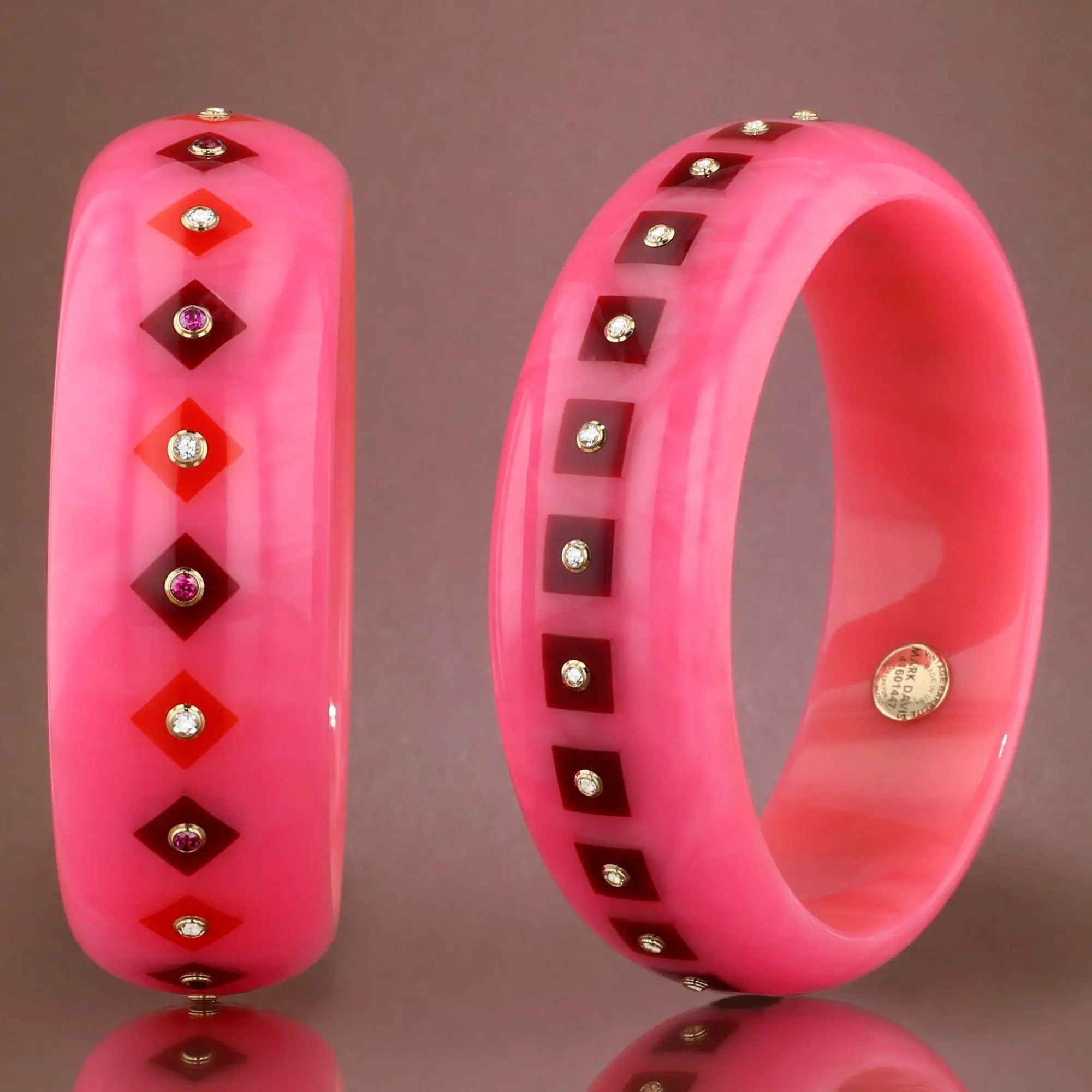 Lia Bangle | Ballerina pink bakelite with inlay and stones.
