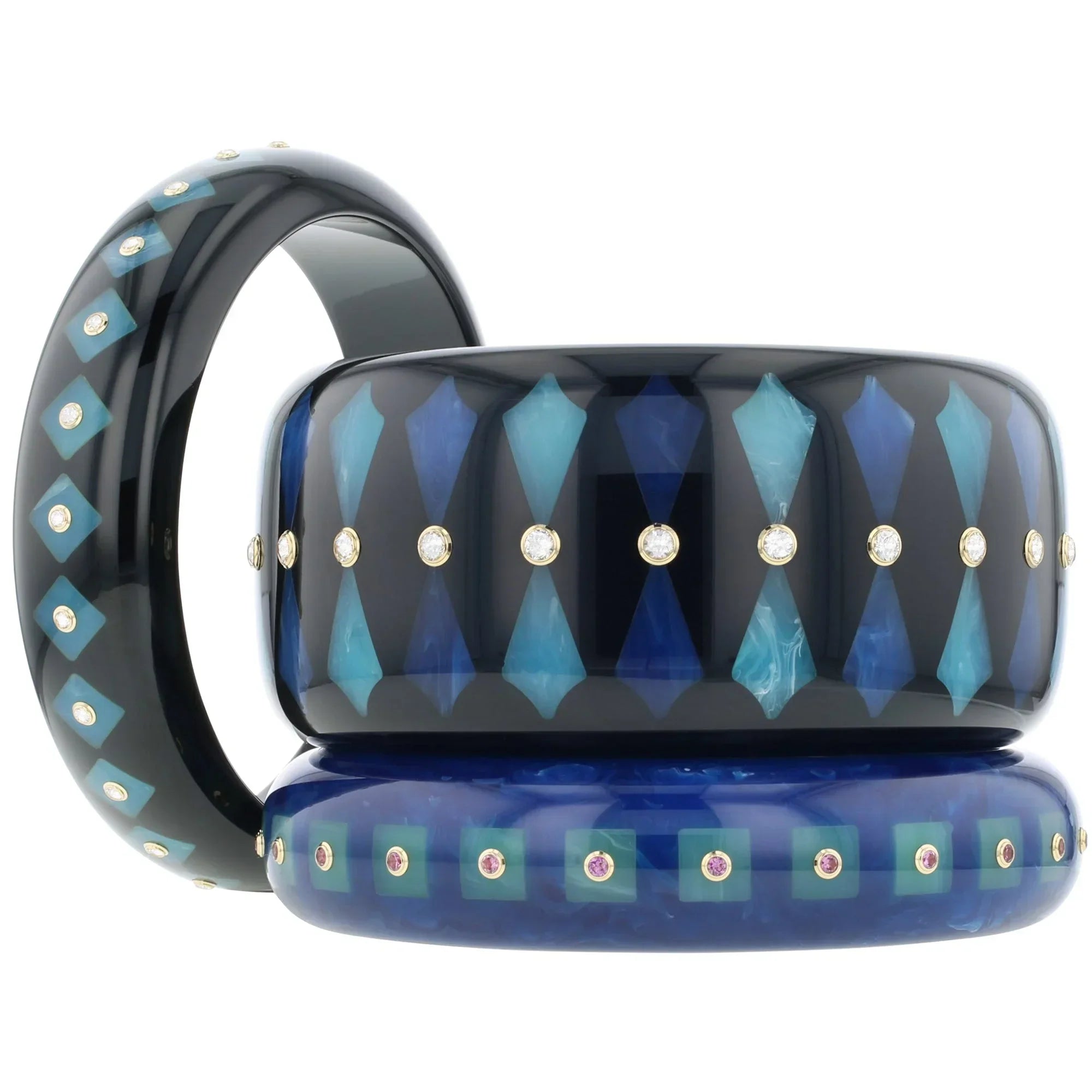 Lia Bangle | Jet black bakelite with inlay and stones.