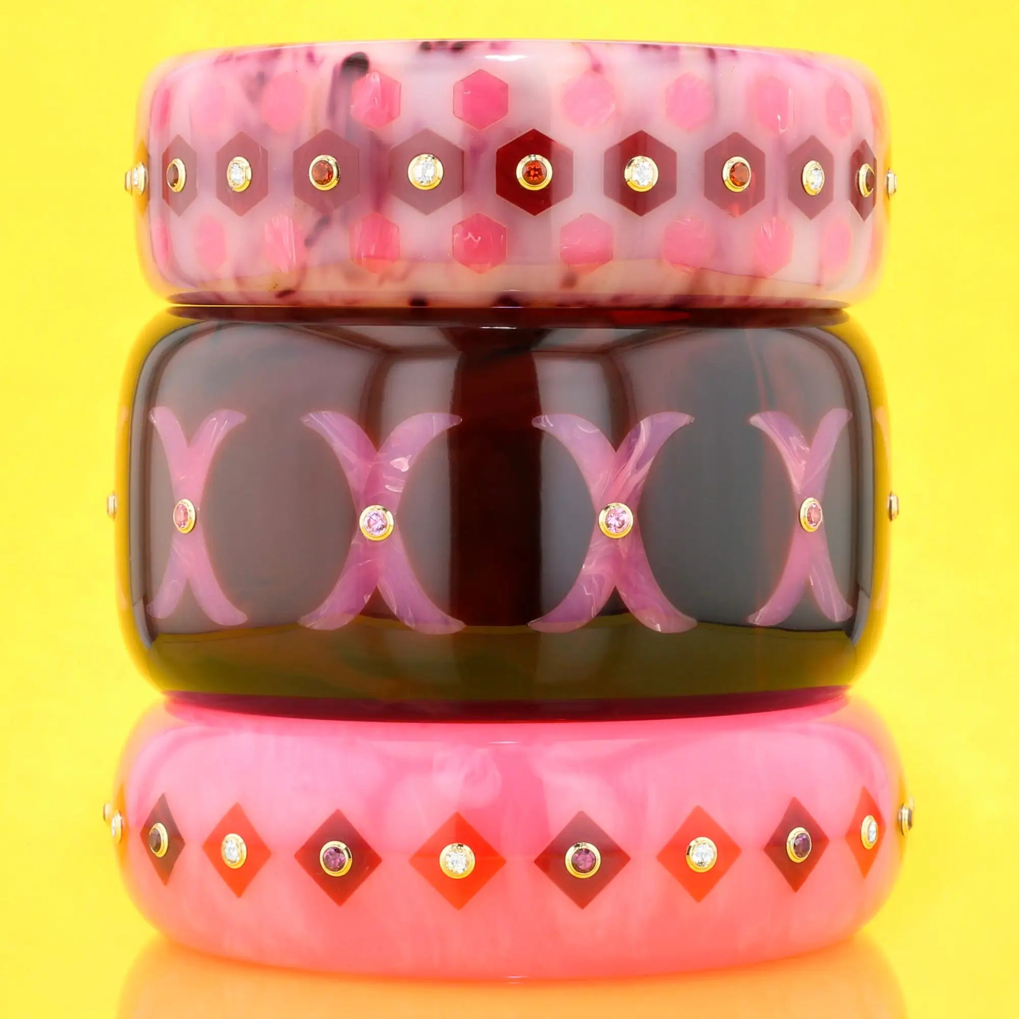 Lia Bangle | Ballerina pink bakelite with inlay and stones.