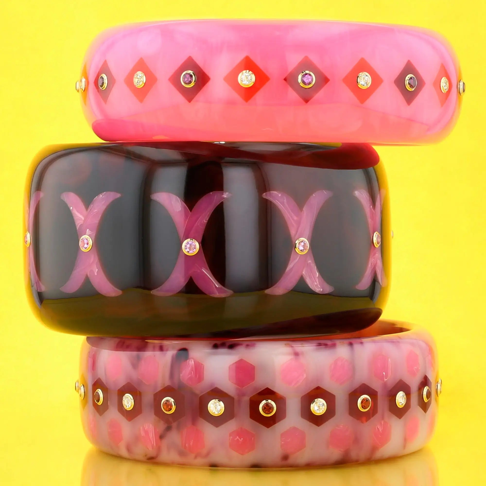 Lia Bangle | Ballerina pink bakelite with inlay and stones.