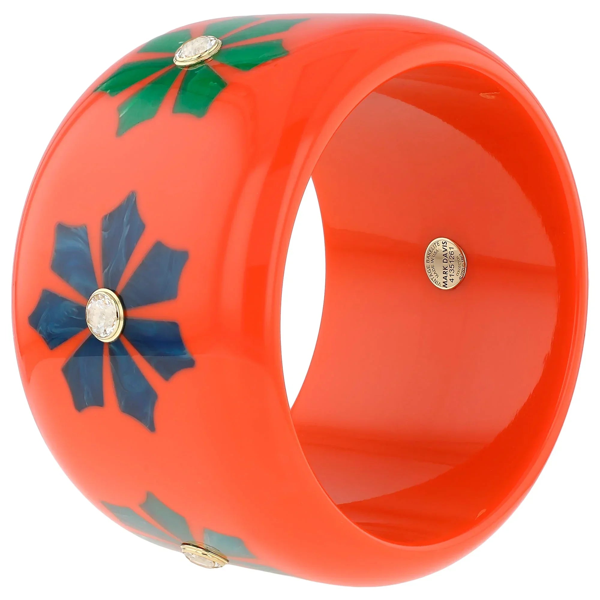 Lyra Bangle | Vibrant orange bakelite with inlay and stones.