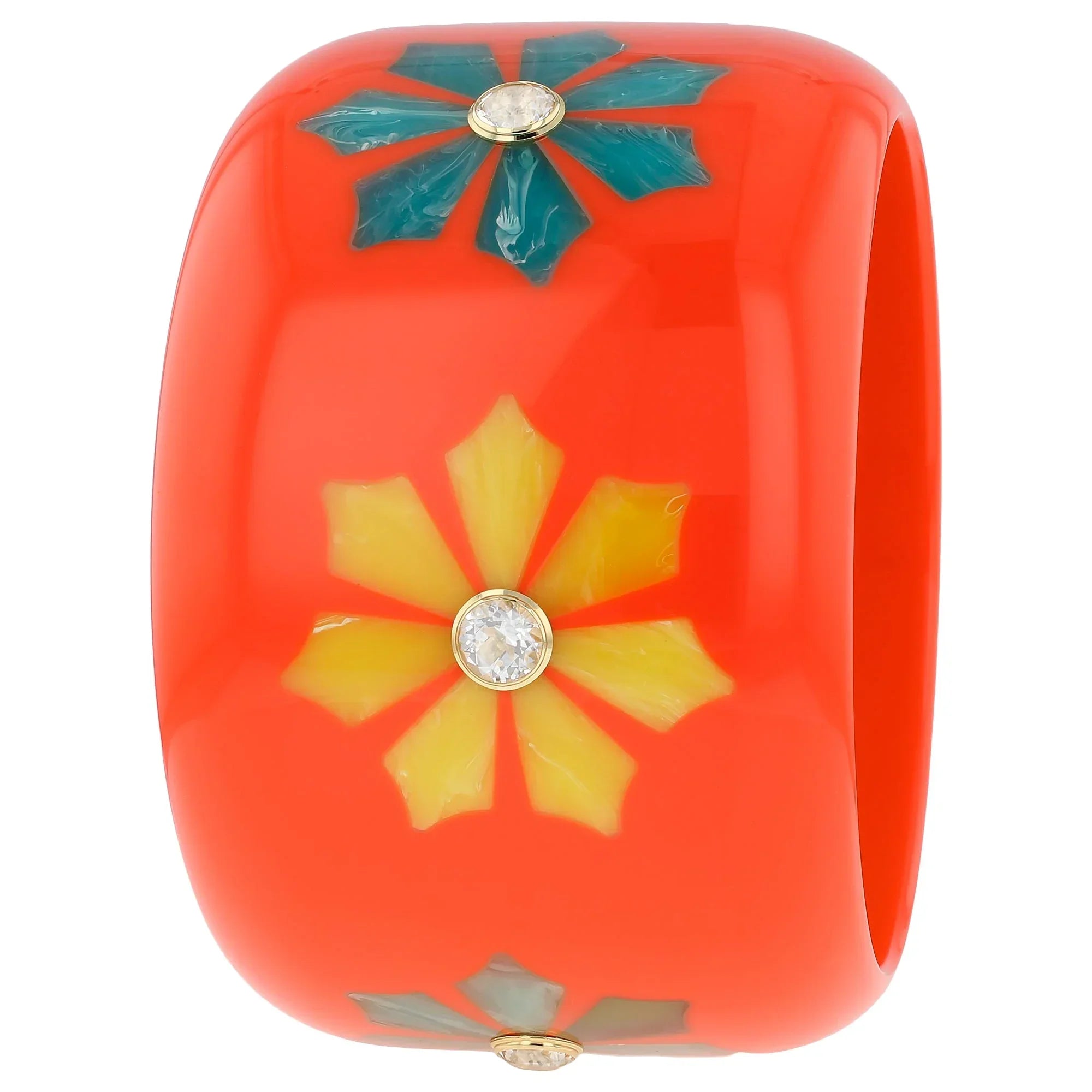 Lyra Bangle | Vibrant orange bakelite with inlay and stones.