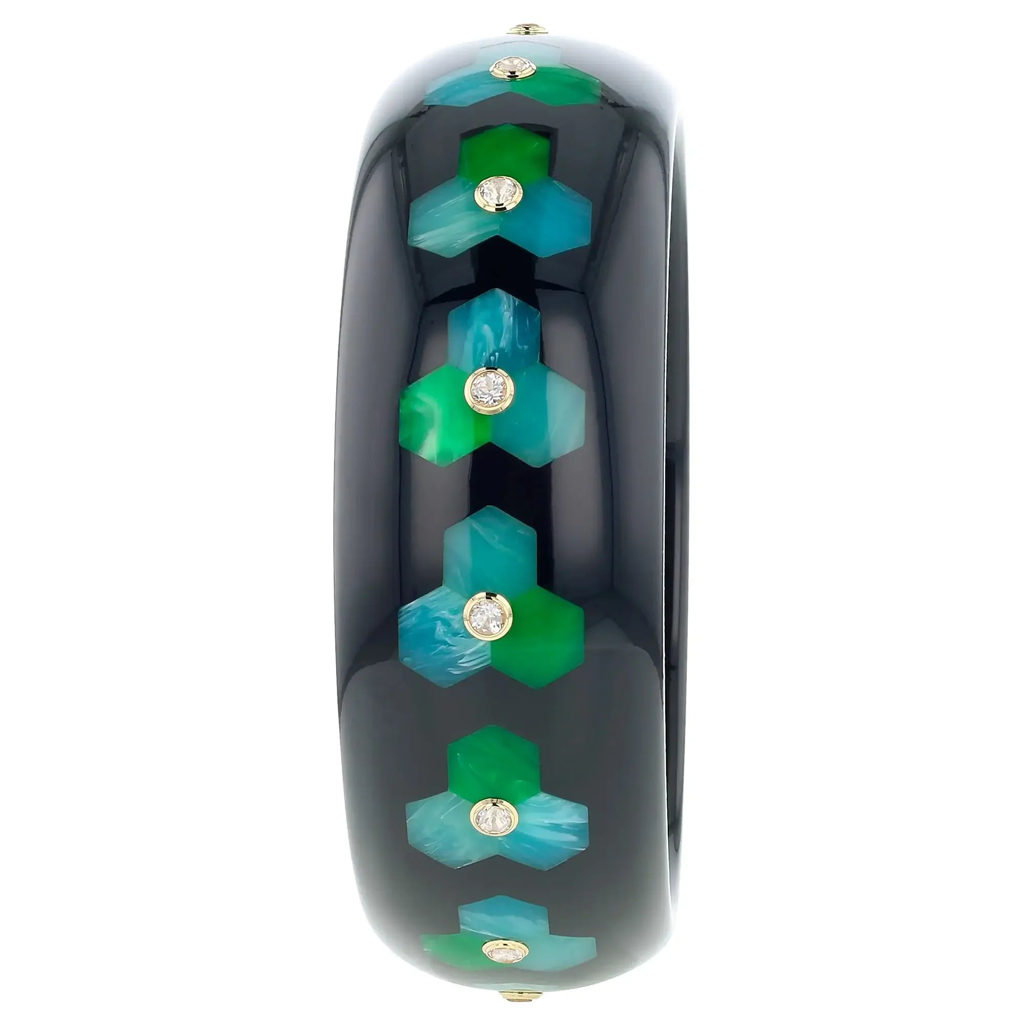 Margaret Bangle | Stunning black bakelite with inlay and stones.