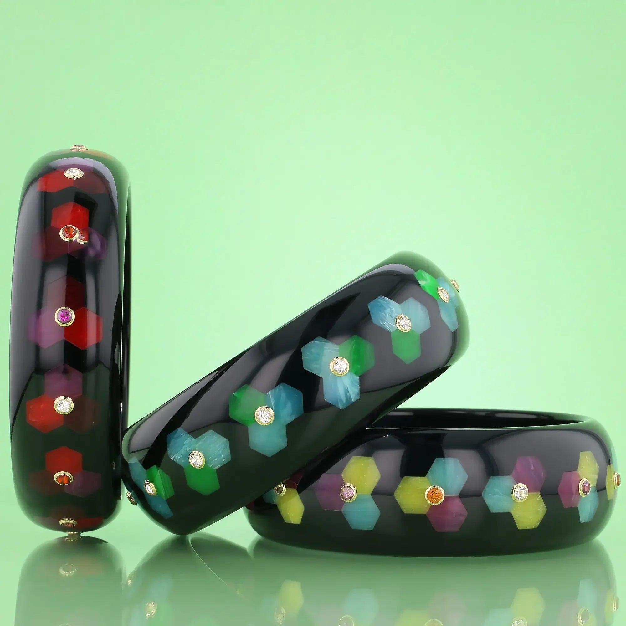 Margaret Bangle | Stunning black bakelite with inlay and stones.