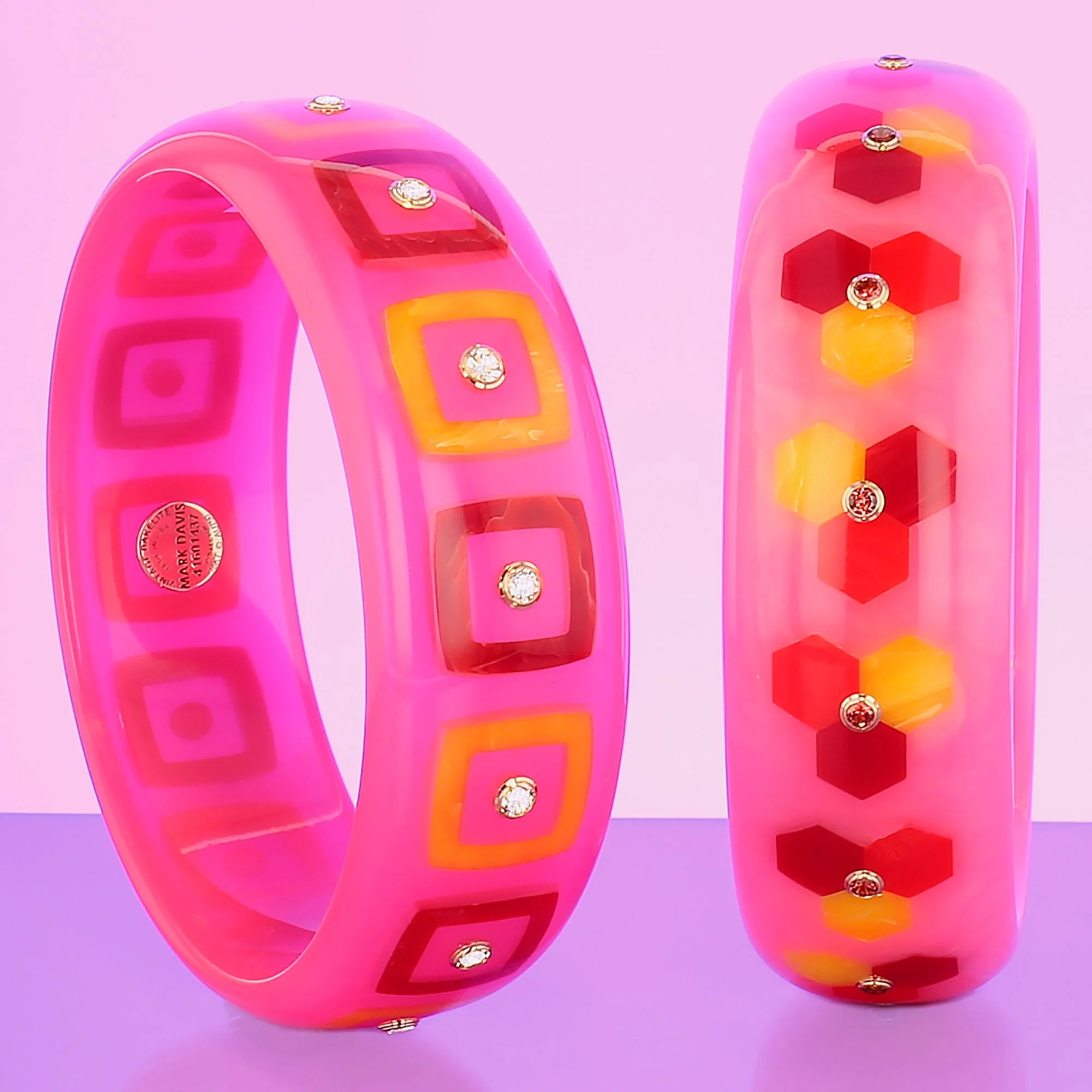 Margaret Bangle | Pretty pink bakelite with inlay and stones.