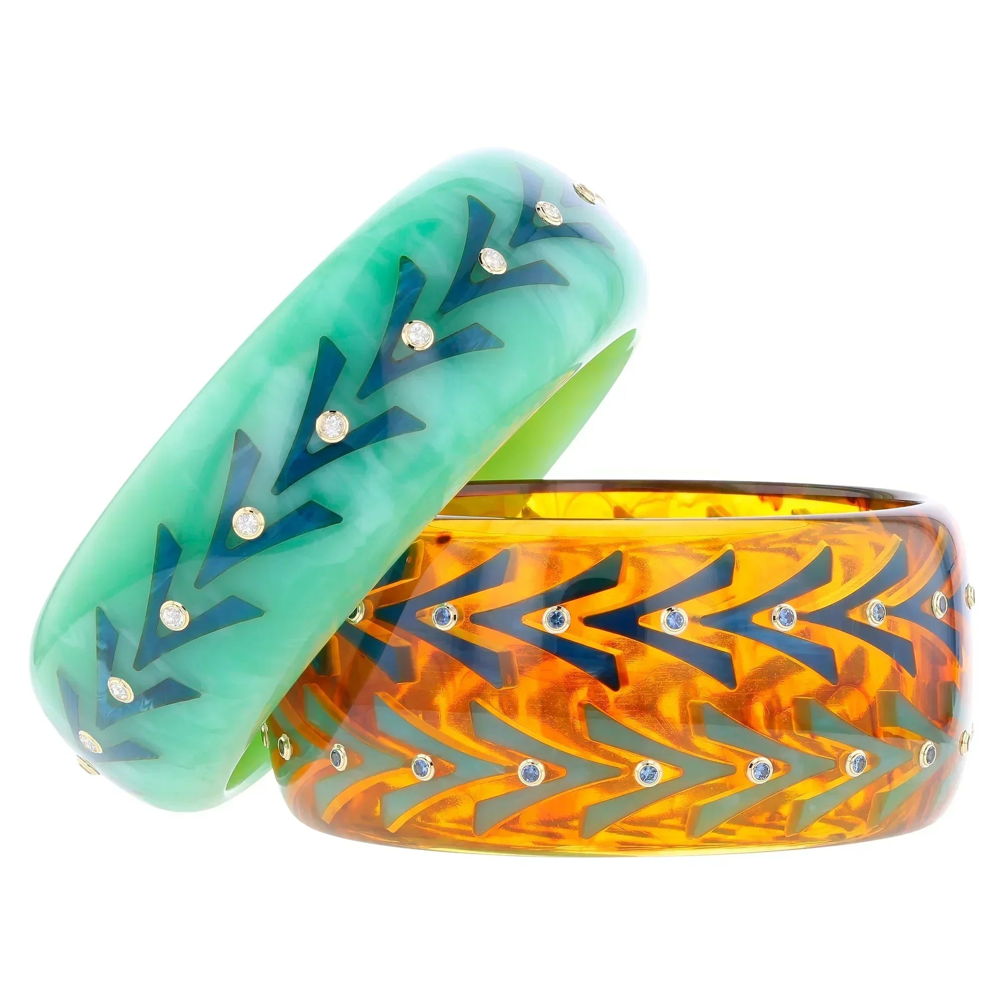 Marlowe II Bangle | Bakelite bangle with inlay and stones, phenomenal color.