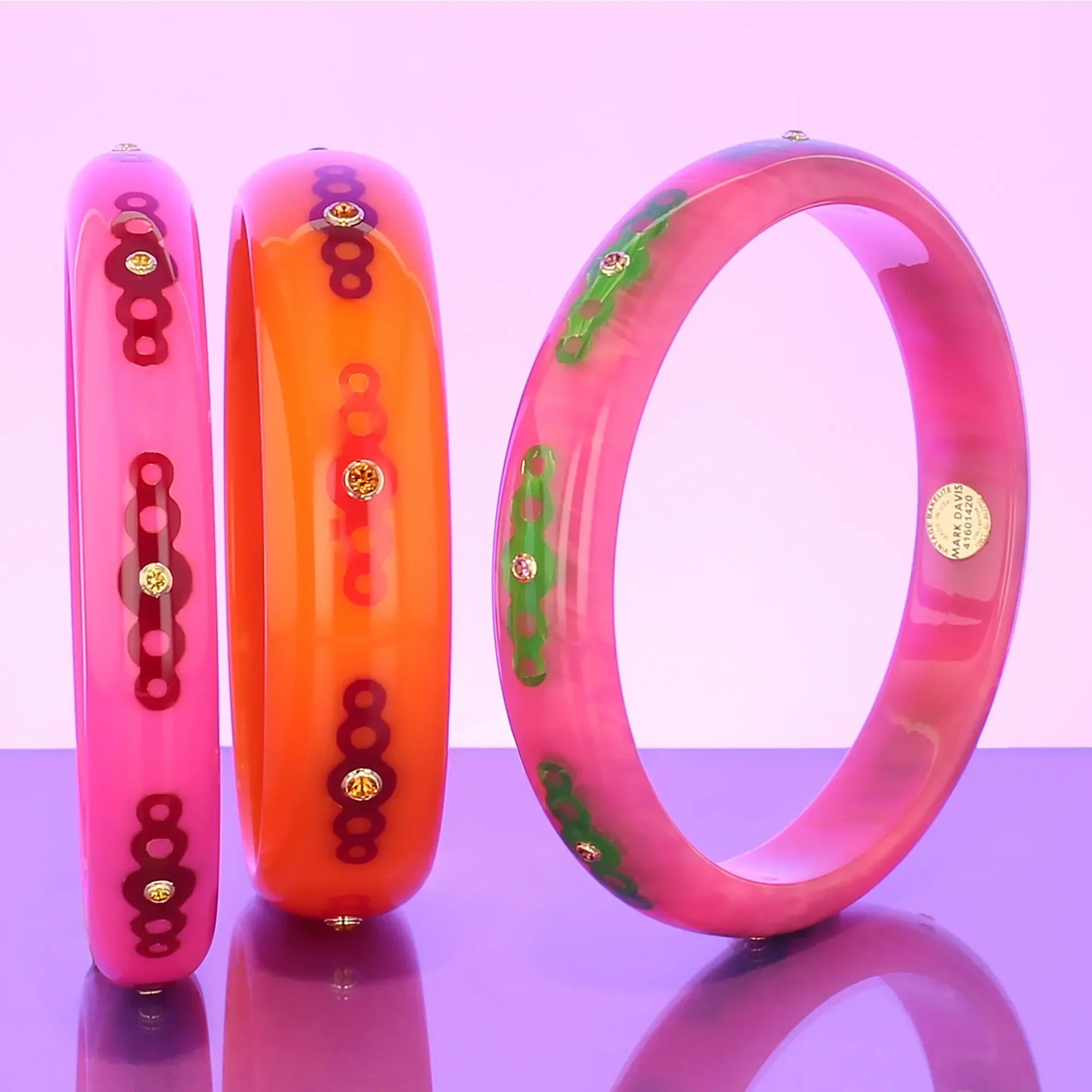 Norma Bangle | Orange Bakelite With Inlay And Stones.