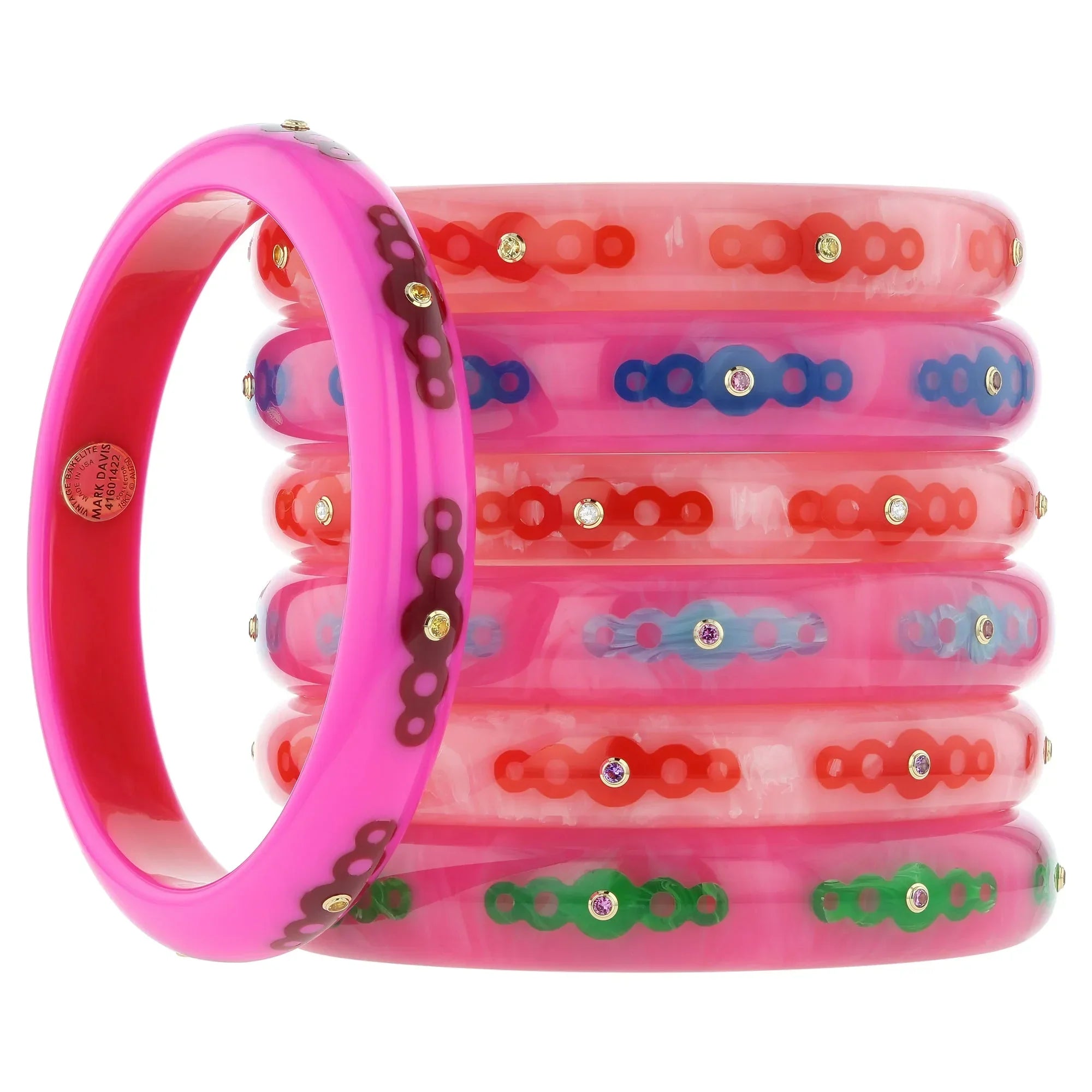 Norma Bangle | Vibrant pink bakelite With Inlay And Stones.