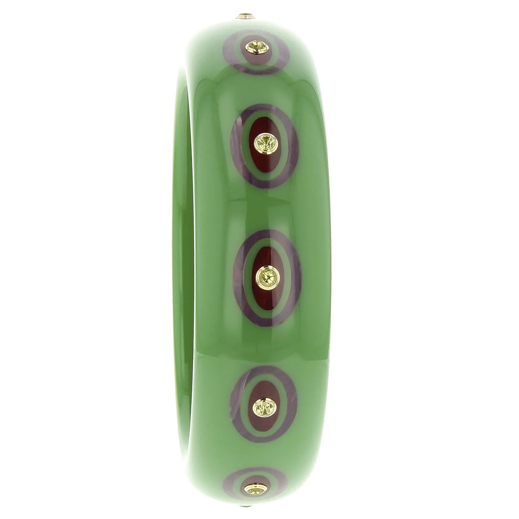 Omari Bangle | Jade green bakelite with inlay and stones.