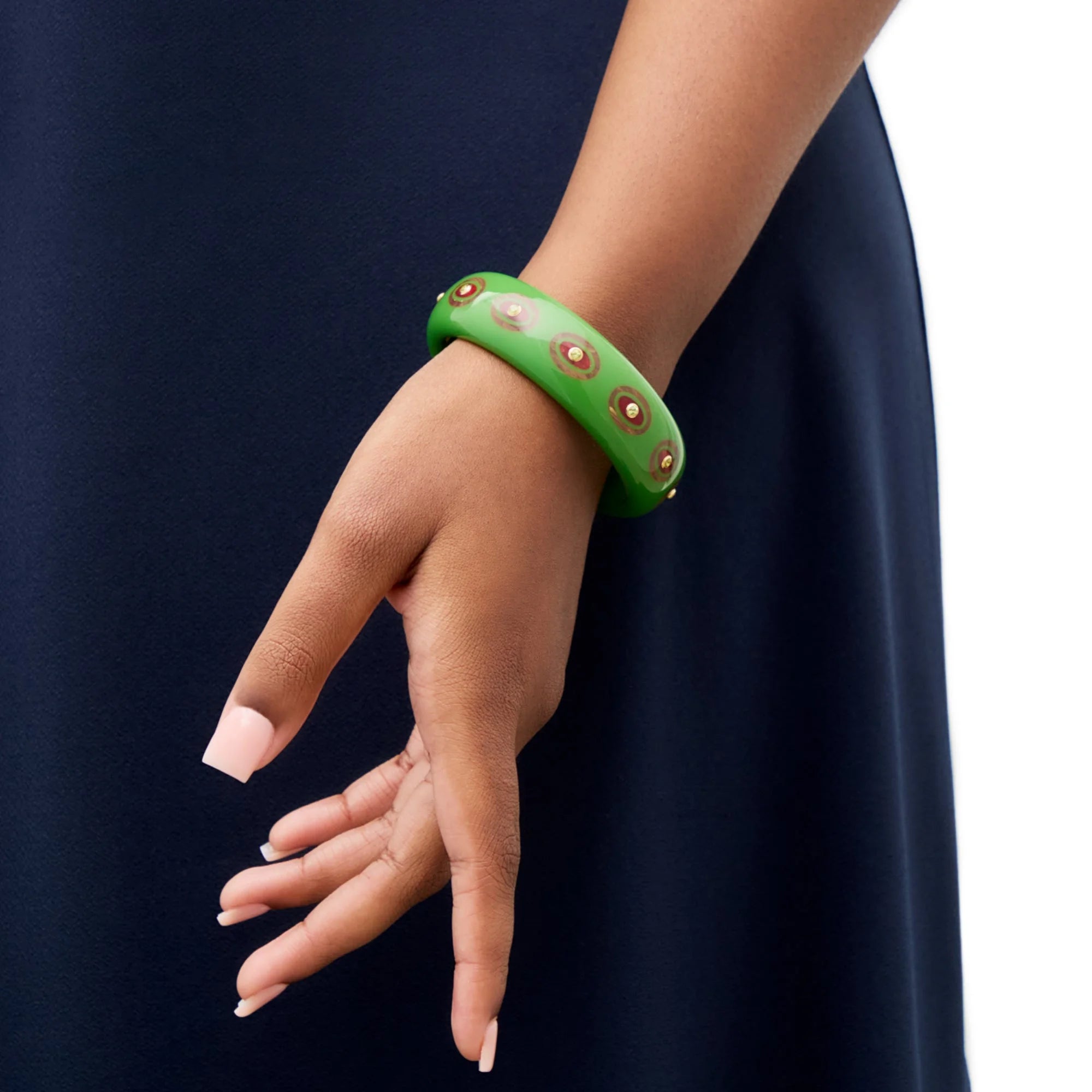 Omari Bangle | Jade green bakelite with inlay and stones.