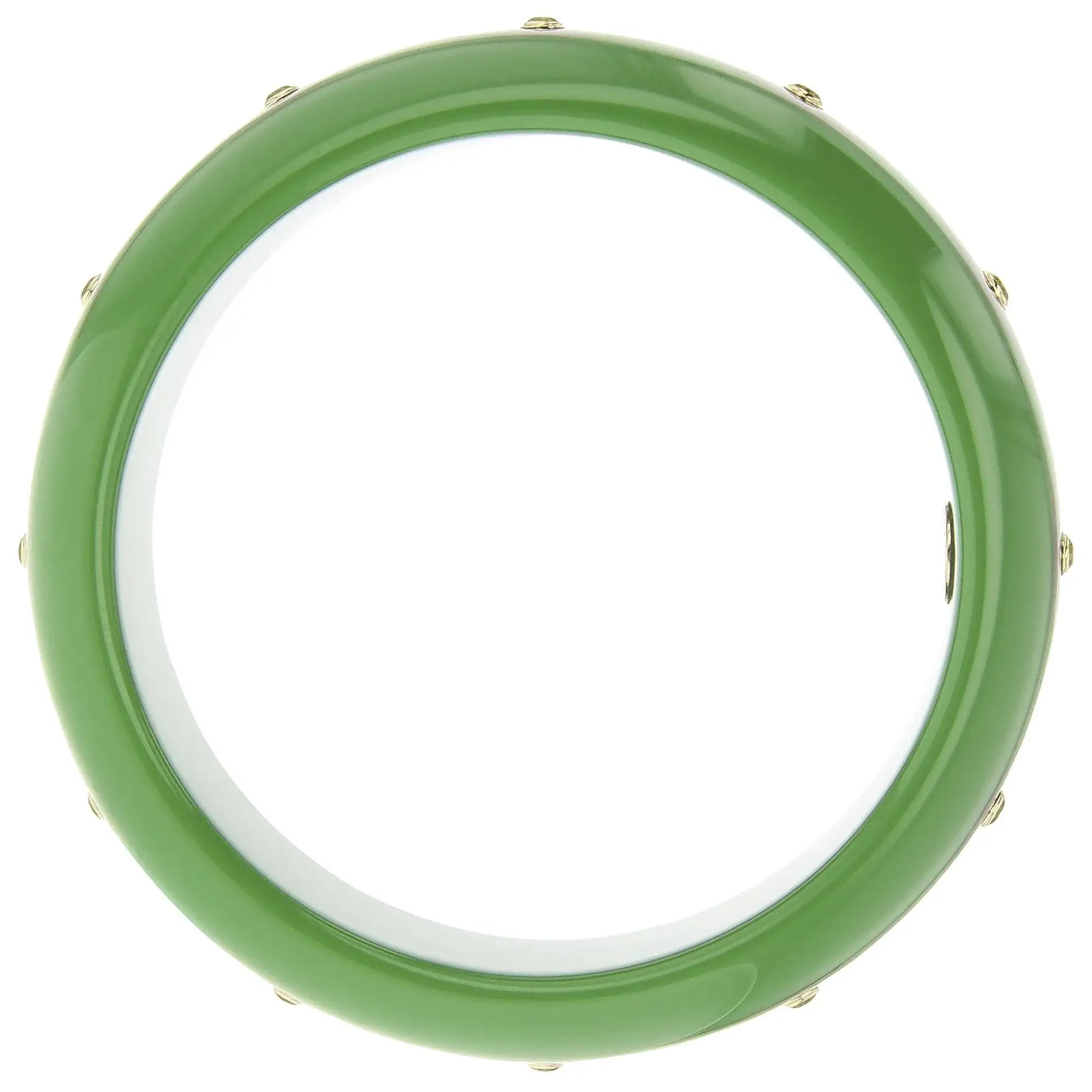 Omari Bangle | Jade green bakelite with inlay and stones.