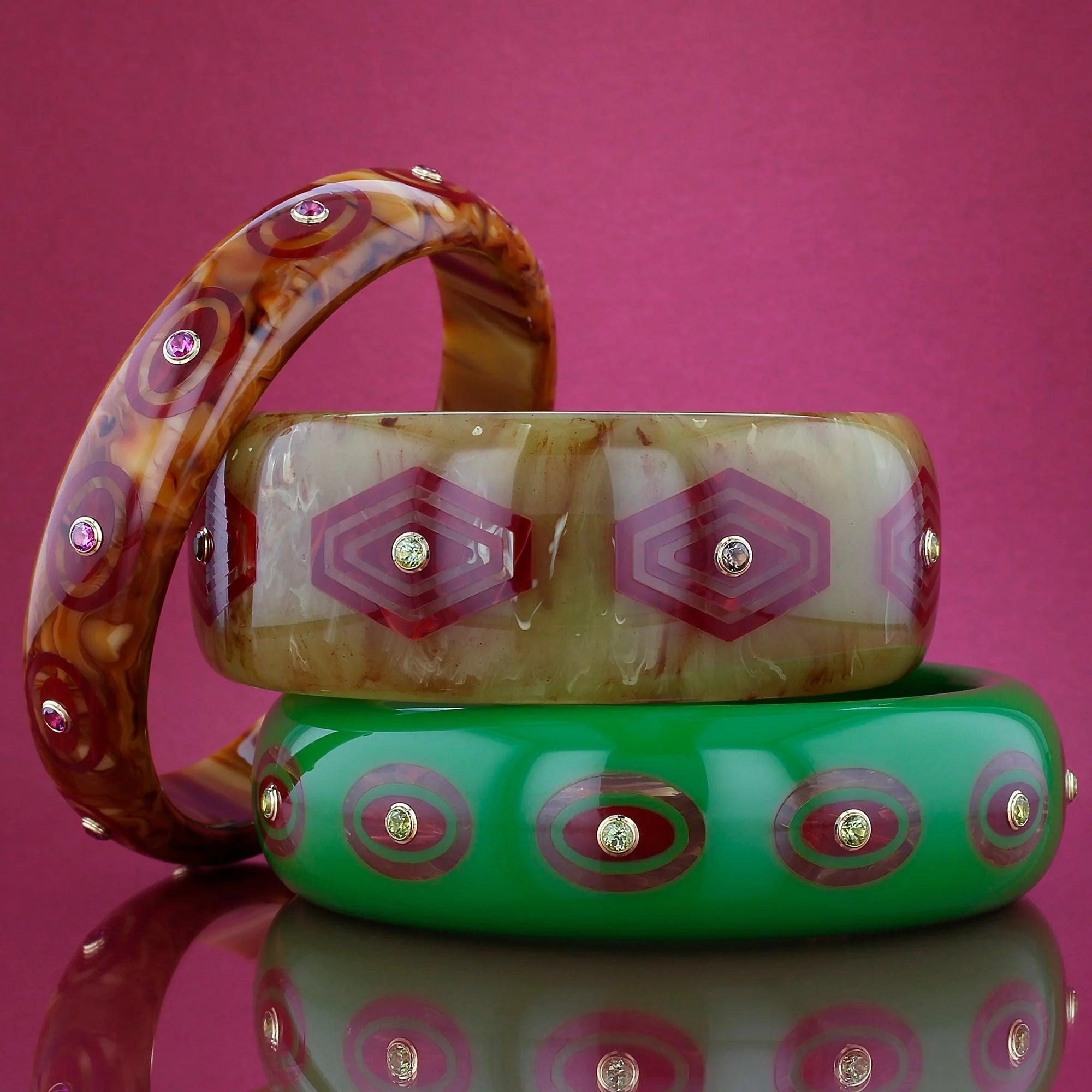 Omari Bangle | Jade green bakelite with inlay and stones.