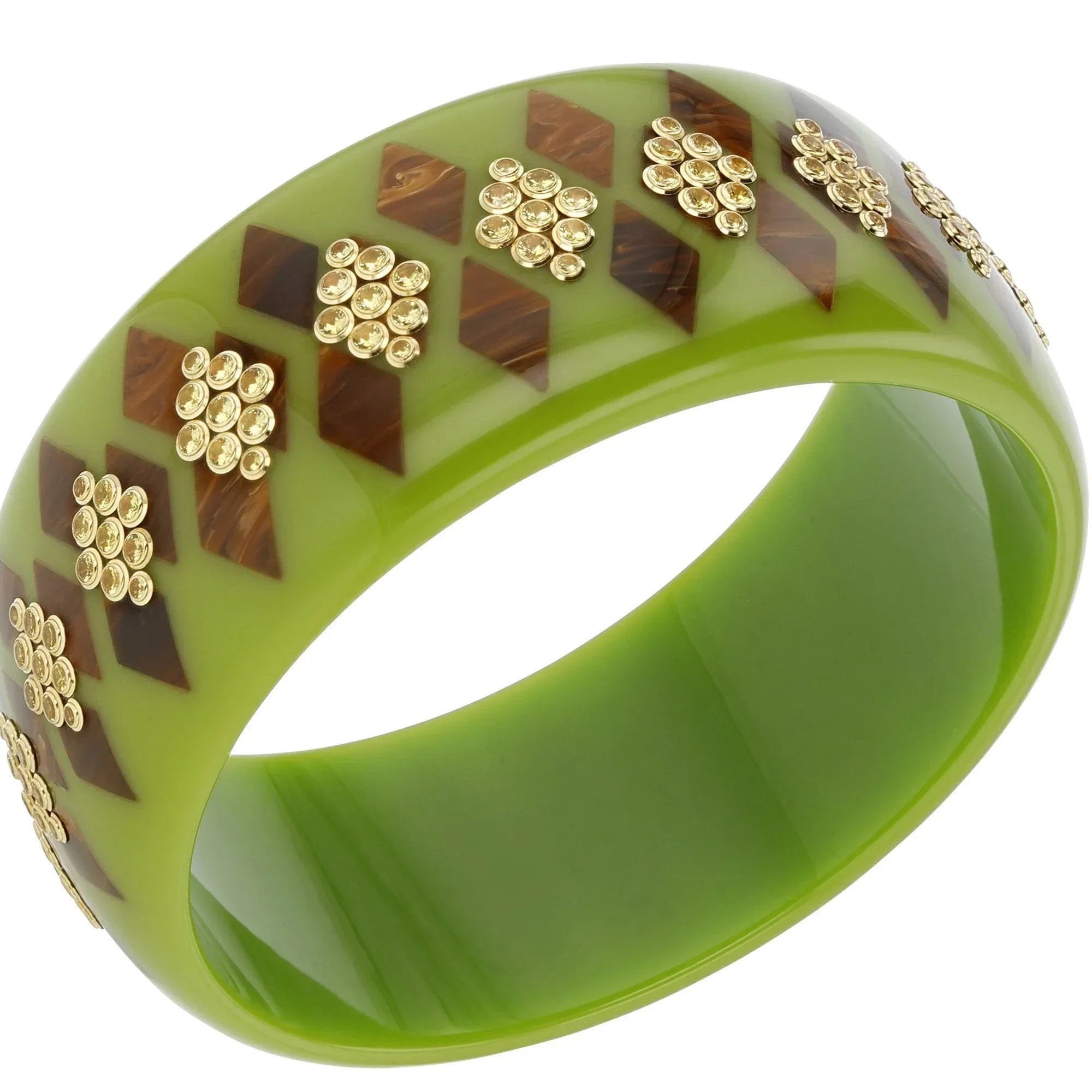 Penelope Faith Bangle | Bakelite bangle with an inlaid harlequin pattern and stones.