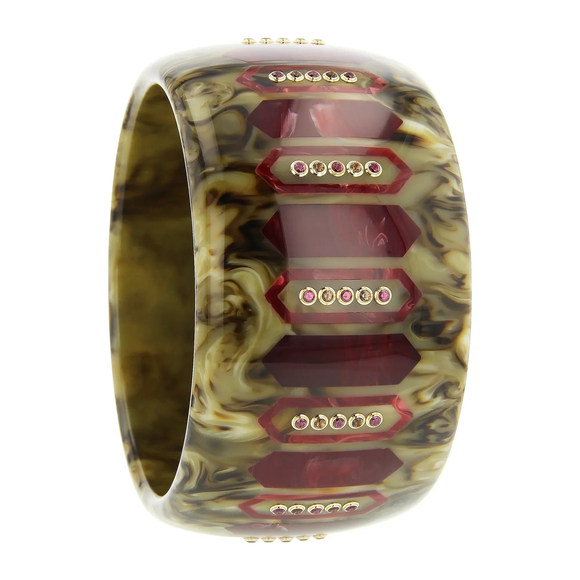 Sabrina Bangle | Marbled brown bakelite with inlay and stones.