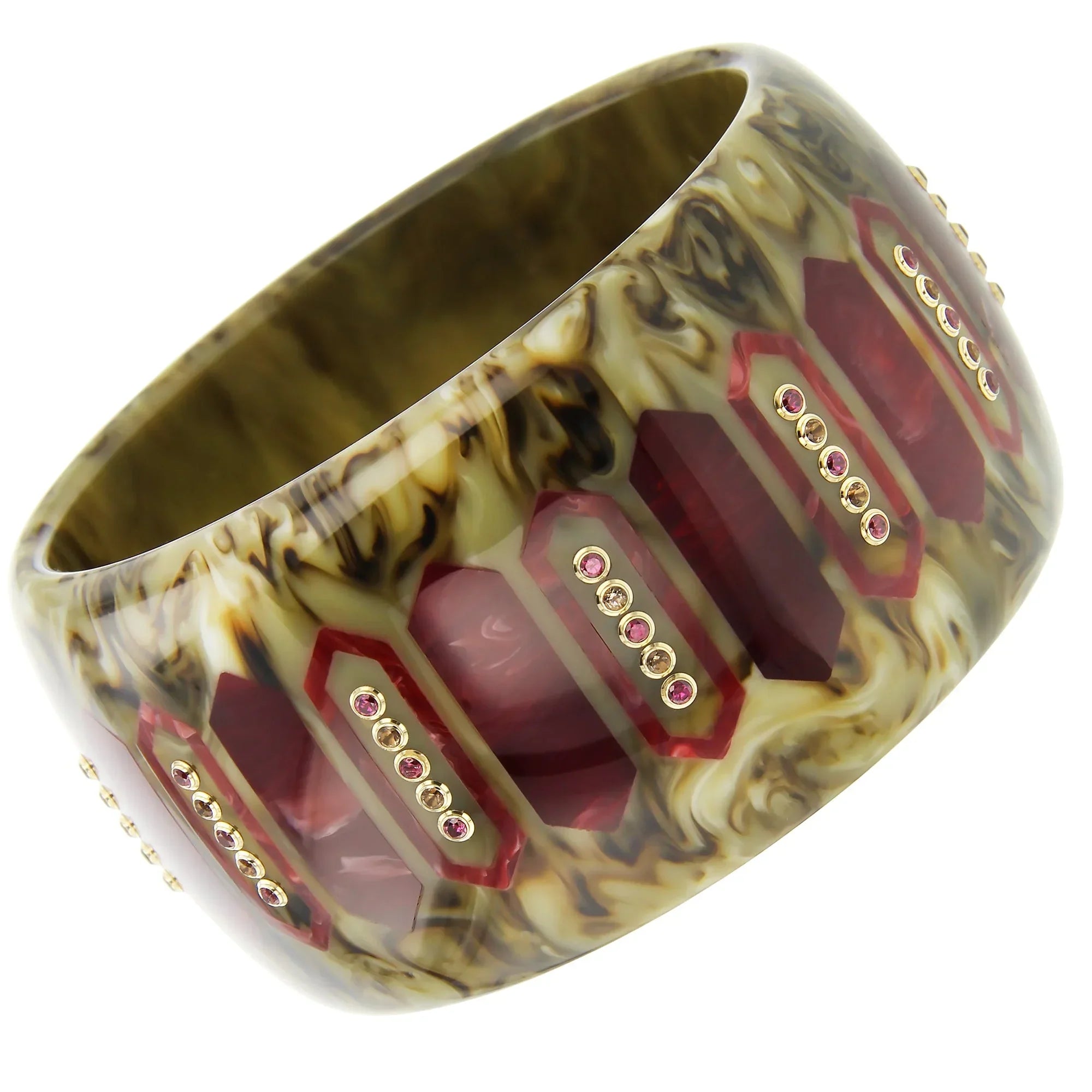 Sabrina Bangle | Marbled brown bakelite with inlay and stones.