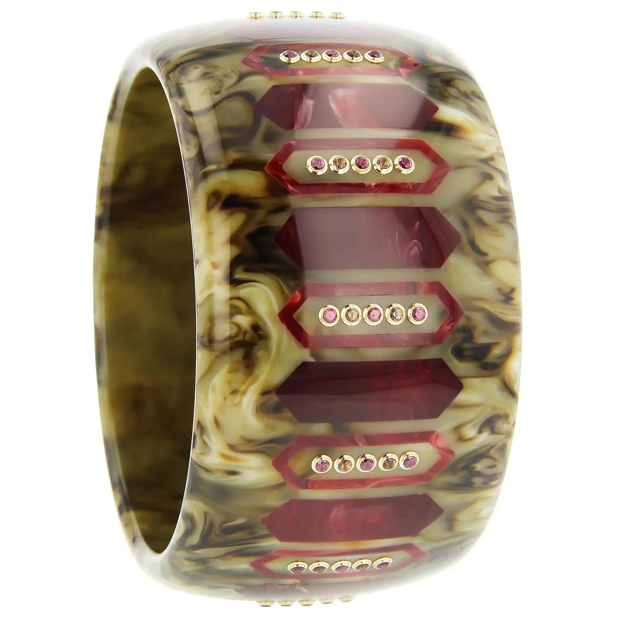 Sabrina Bangle | Marbled brown bakelite with inlay and stones.