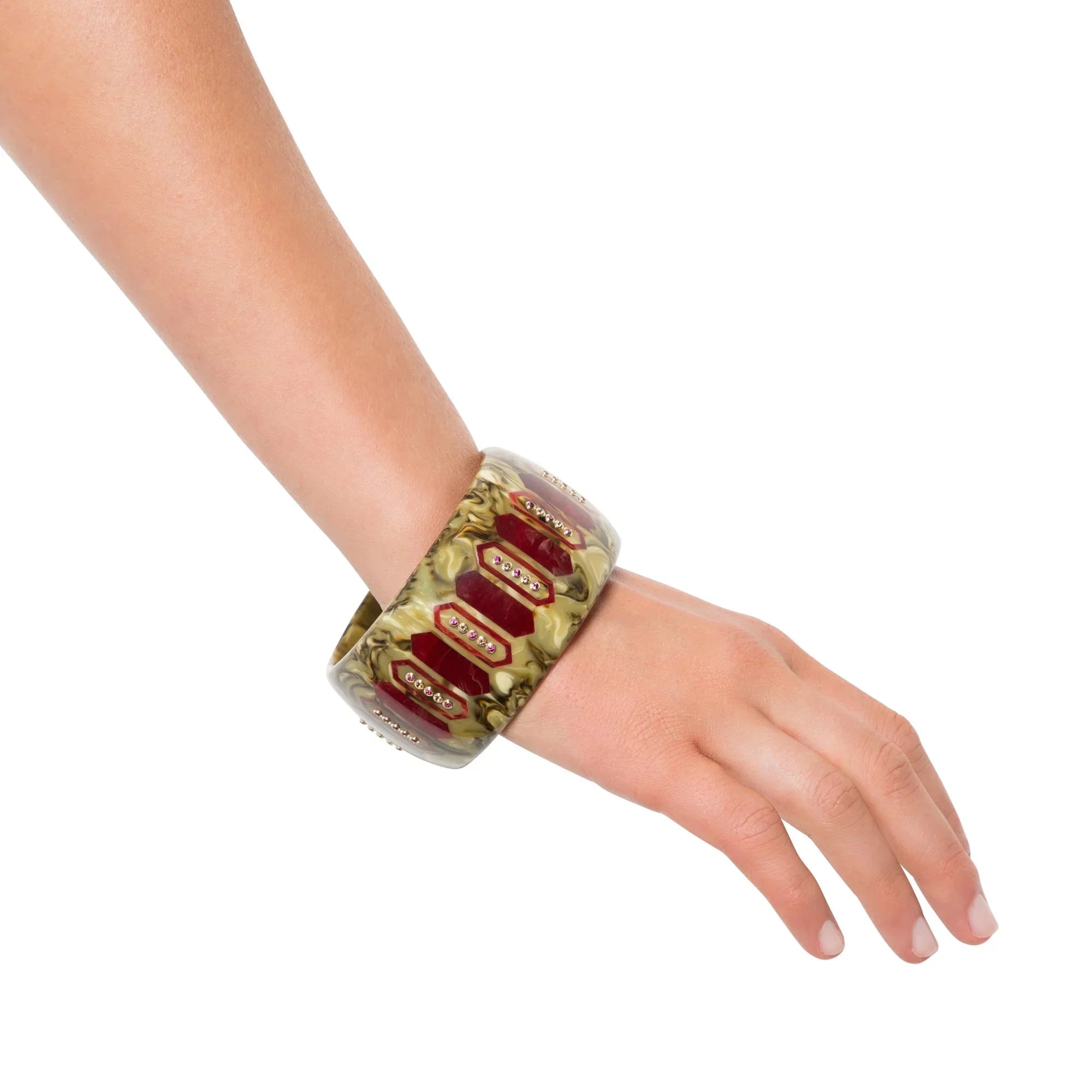 Sabrina Bangle | Marbled brown bakelite with inlay and stones.