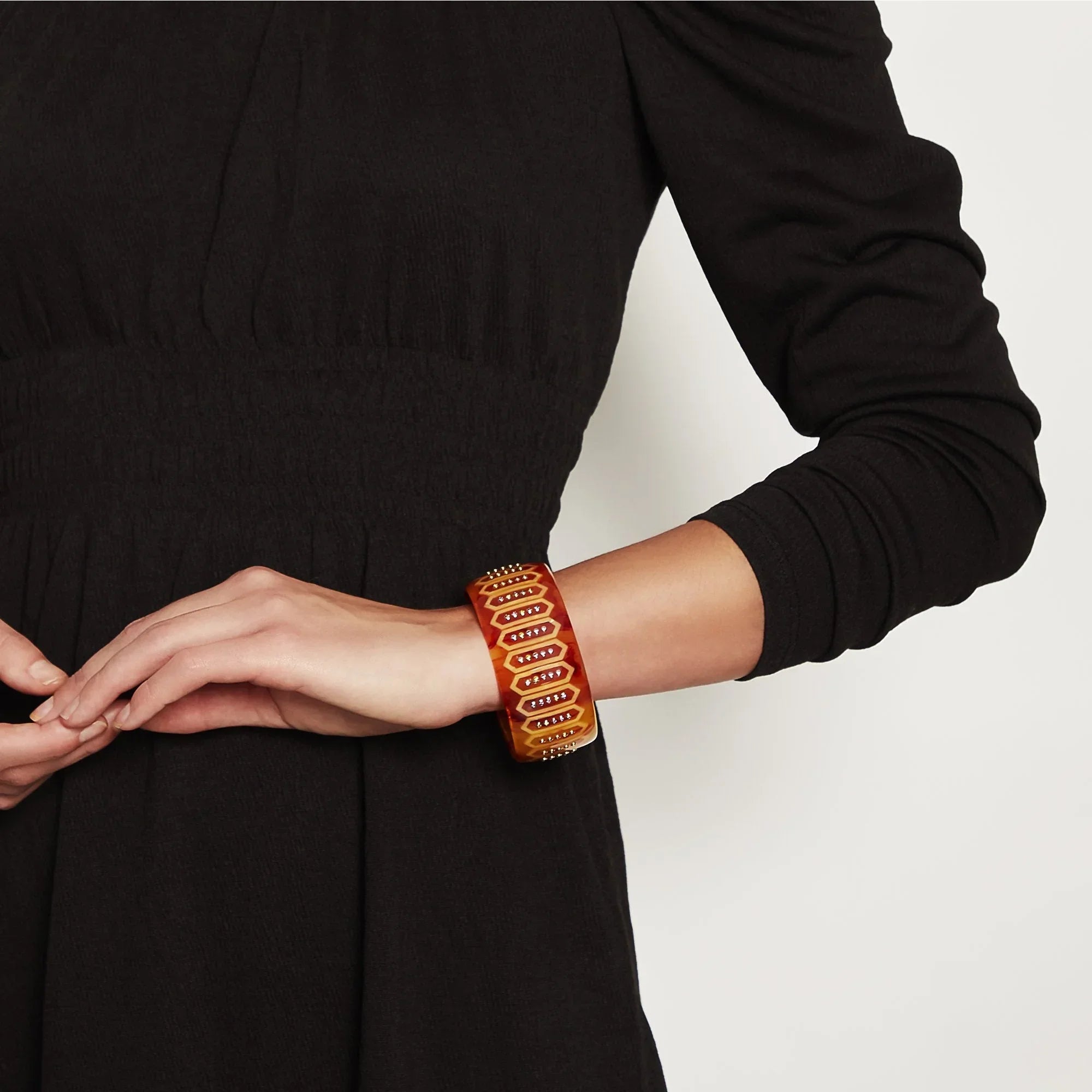 Sabrina Bangle | Bakelite bangle with an inlaid geometric frame pattern and stones.